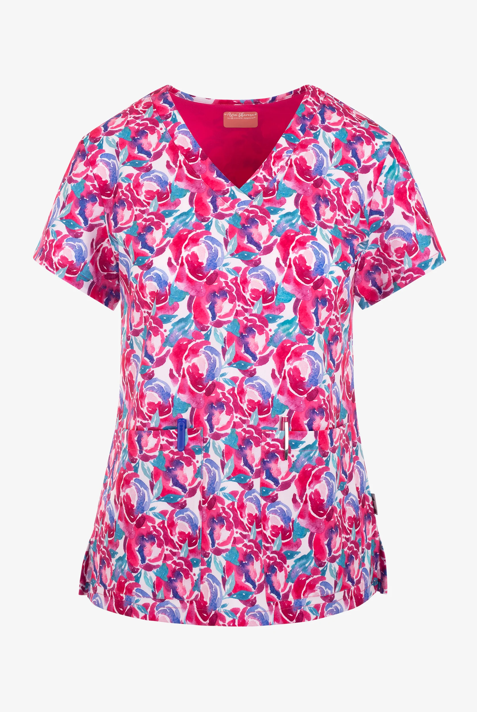 Zavate Ava Therese Awesome Blossoms Women's 2-Pocket STRETCH V-Neck Print Scrub Top