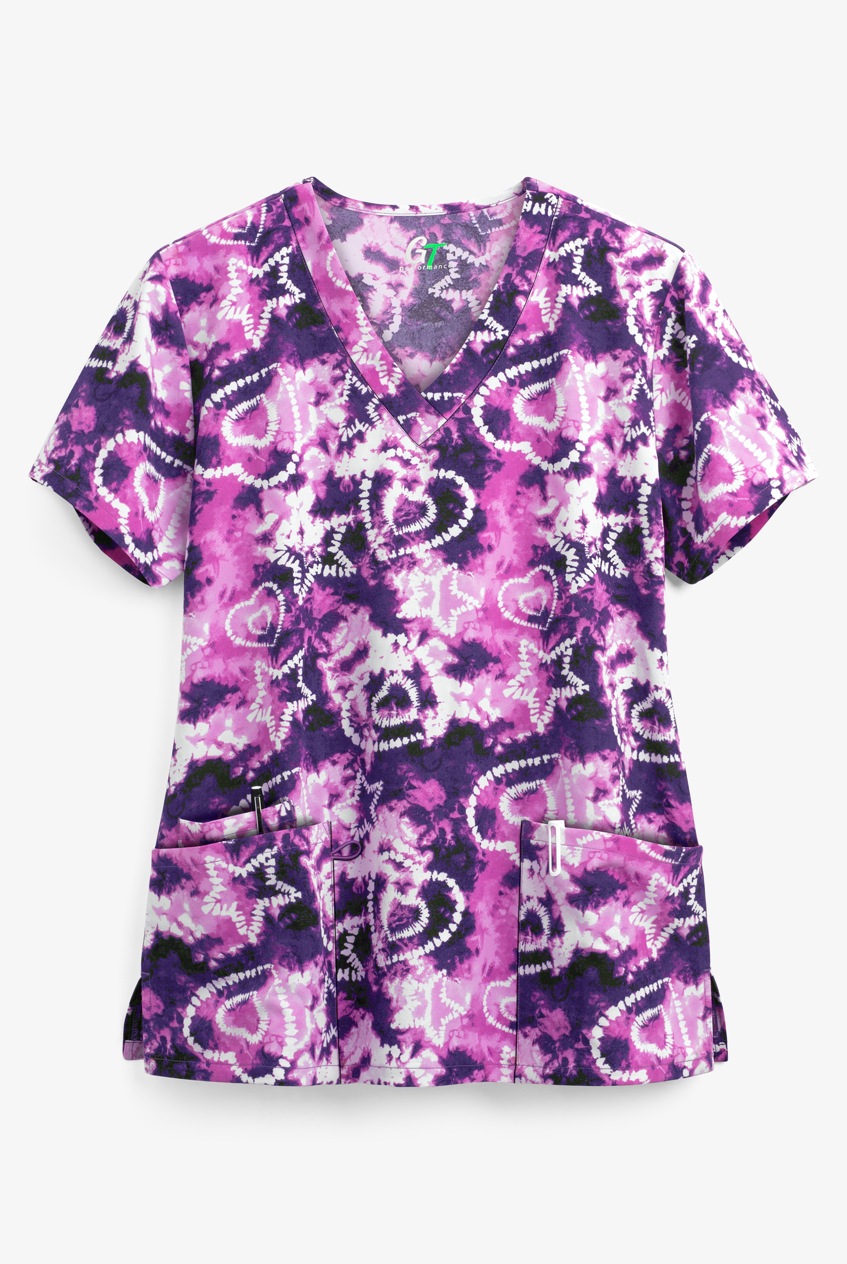 Green Town Heart Tie Dye Women's 3-Pocket V-Neck STRETCH Print Scrub Top