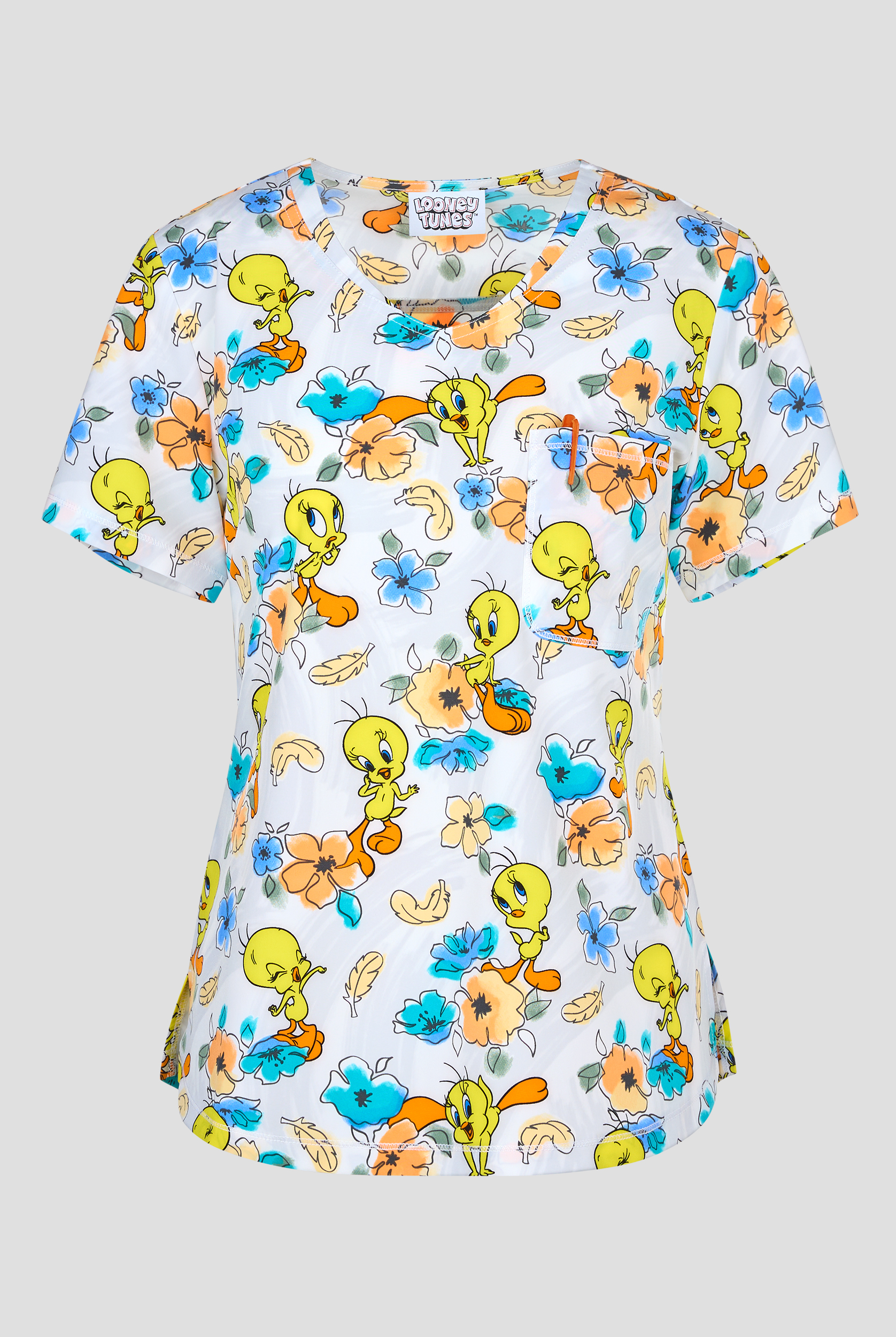 Tooniforms Looney Tunes Tweety Bird Dimension Women's 2-Pocket STRETCH V-Neck Print Scrub Top