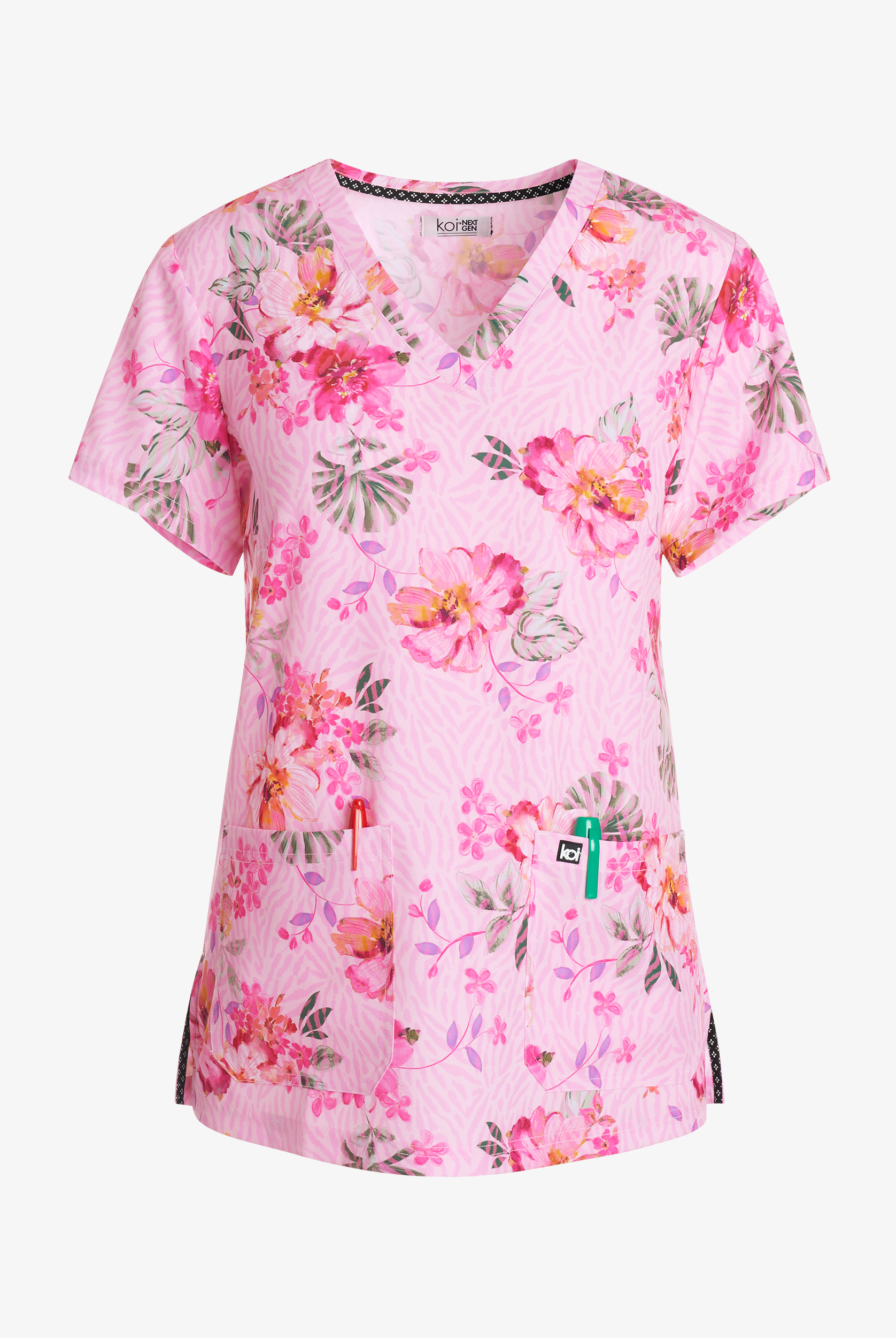 koi Next Gen Early Energy Floral Women's 2-Pocket STRETCH V-Neck Print Scrub Top