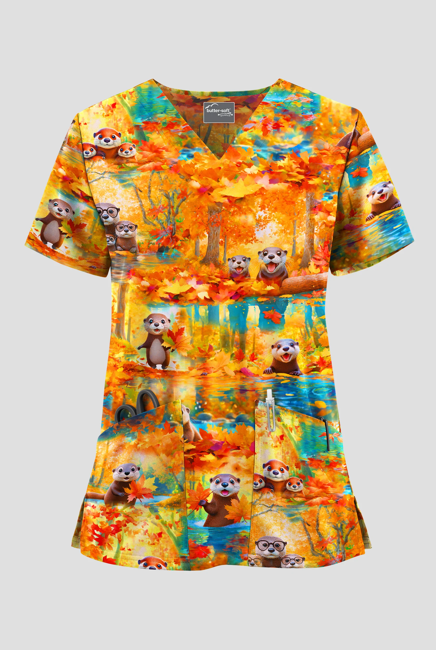 Butter-Soft STRETCH Otter Fall French Roast Women's 2-Pocket V-Neck Print Scrub Top