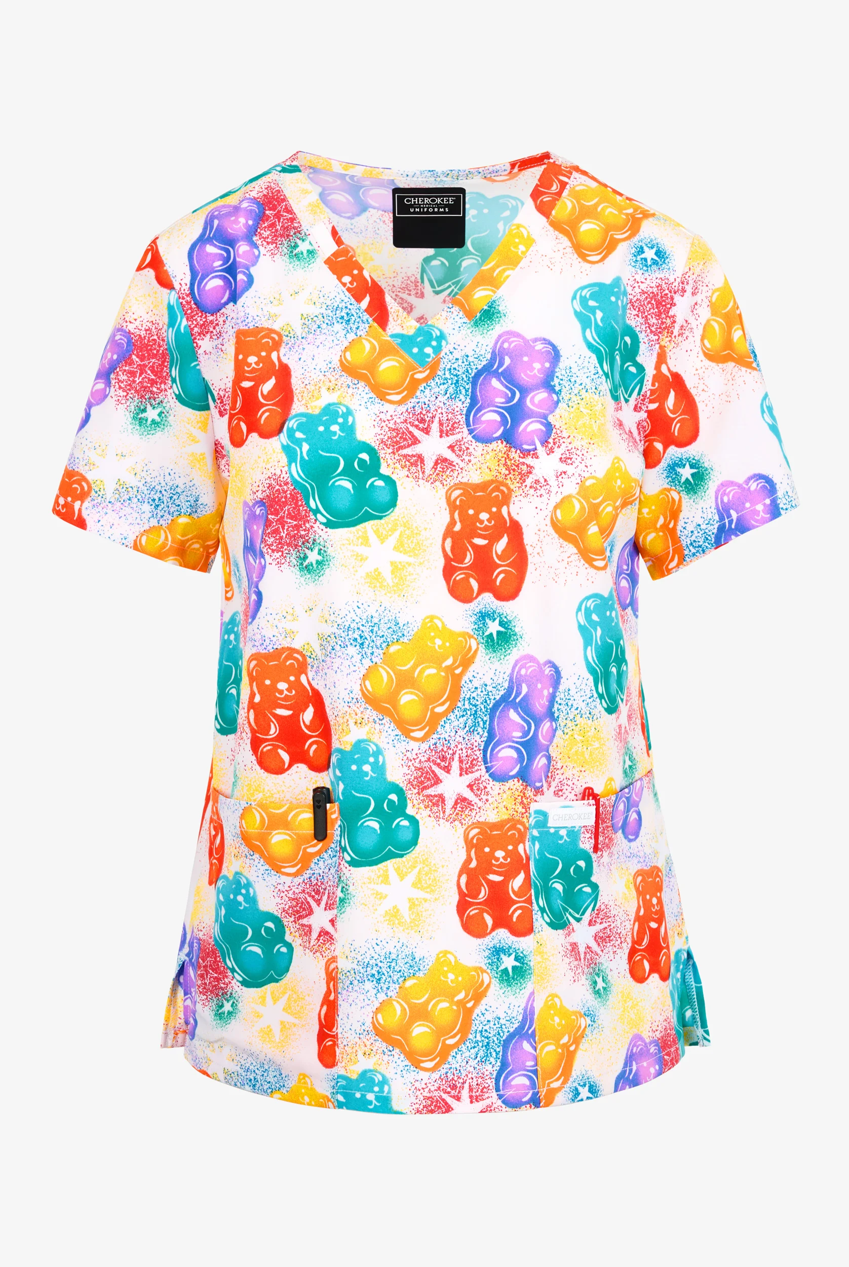 Cherokee Beary Rainbow Women's 2-Pocket STRETCH V-Neck Print Scrub Top
