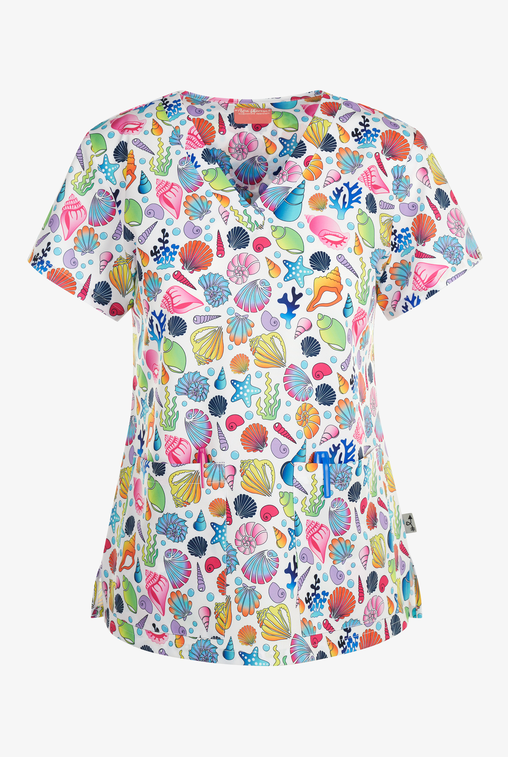 Zavate Ava Therese Shimmering Shells Women's 2-Pocket STRETCH V-Neck Print Scrub Top