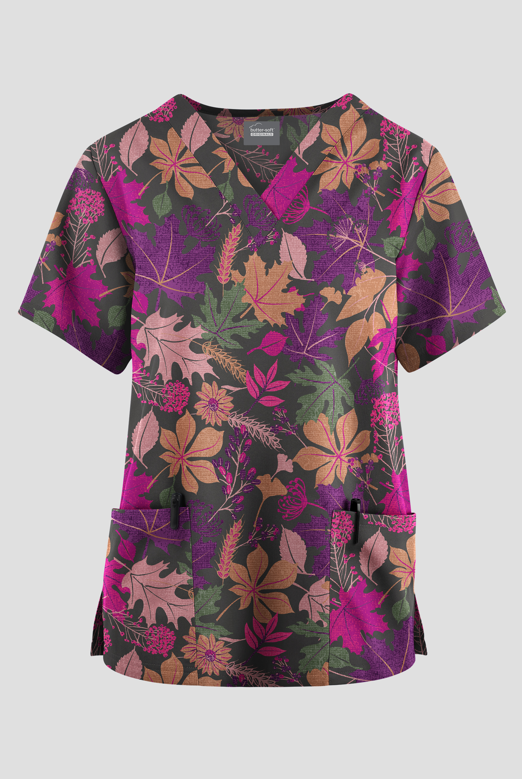 Blusa médica estampada Butter-soft Originals Vermont Leaves Pewter con cuello en V y 2 bolsillos para mujer