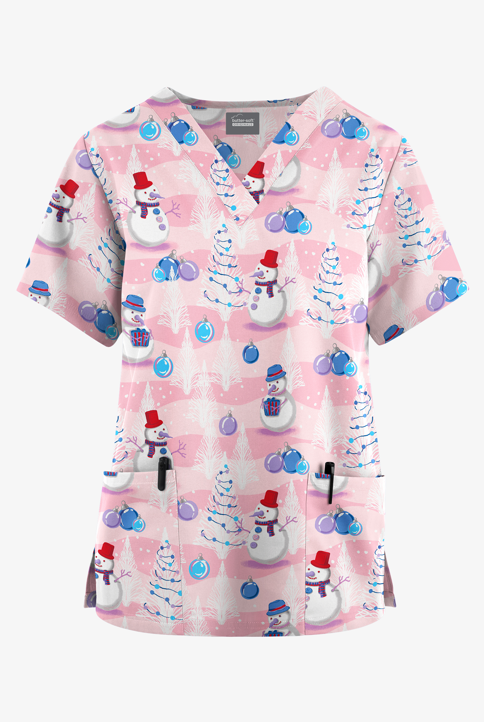 Butter-Soft Originals Frosty Holiday Blush Women's 2-Pocket Classic Fit V-Neck Print Scrub Top