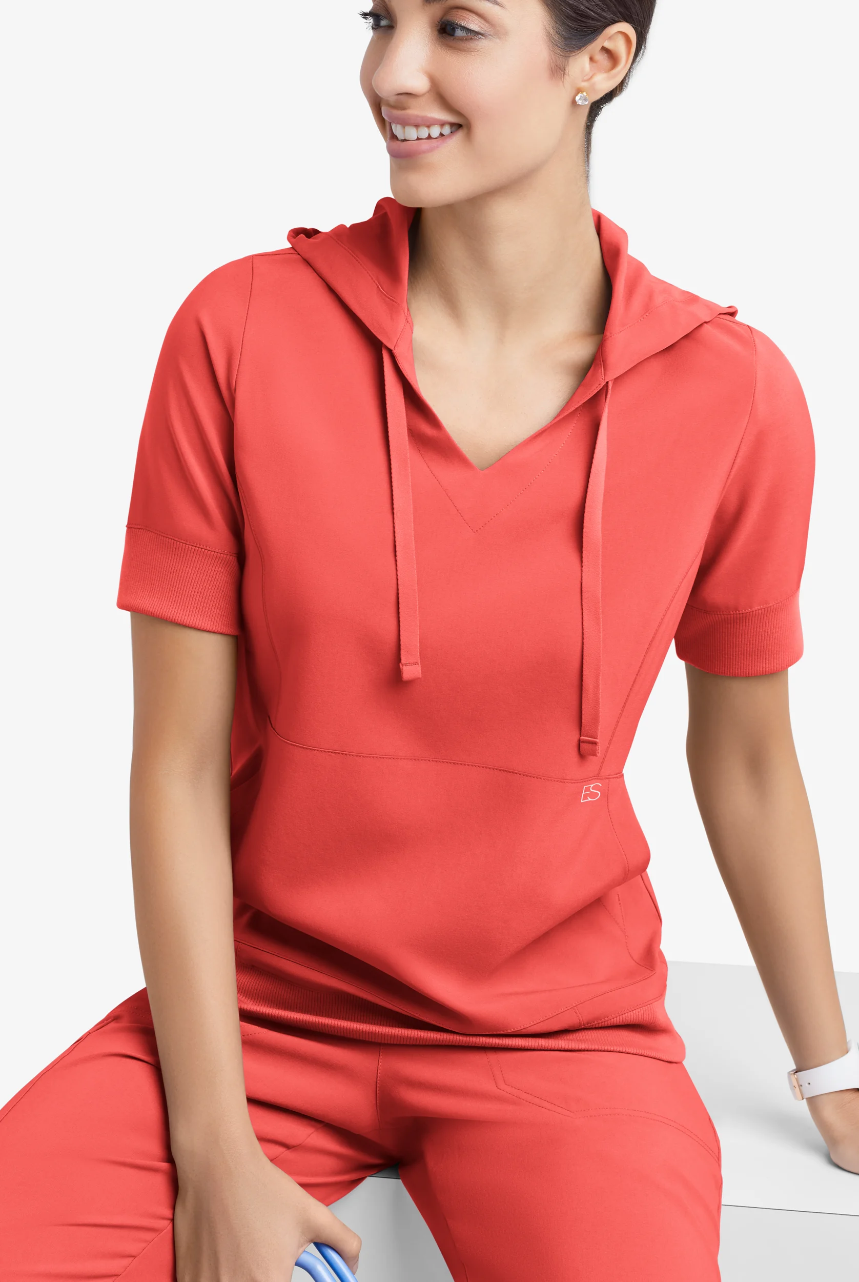 Easy STRETCH True Women's 3-Pocket Short Sleeve Pull-Over Scrub Hoodie