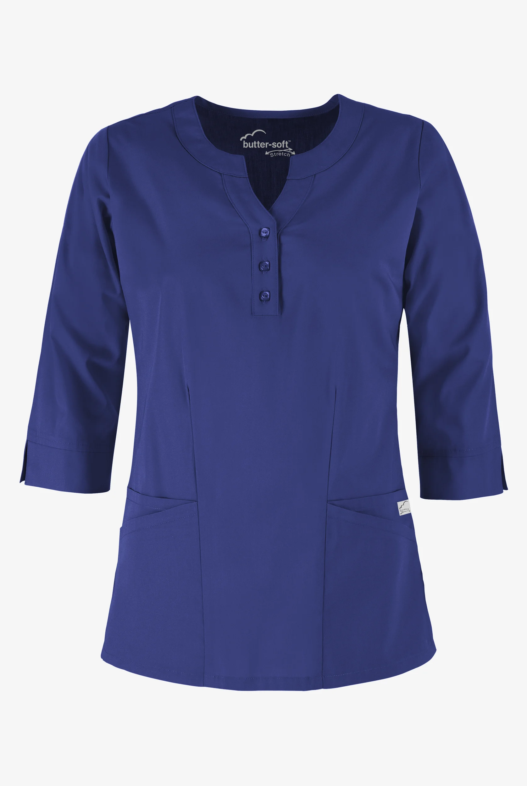 Blusa m&eacute;dica mangas 3/4 Butter-Soft STRETCH con cuello redondo y 4 bolsillos para mujer