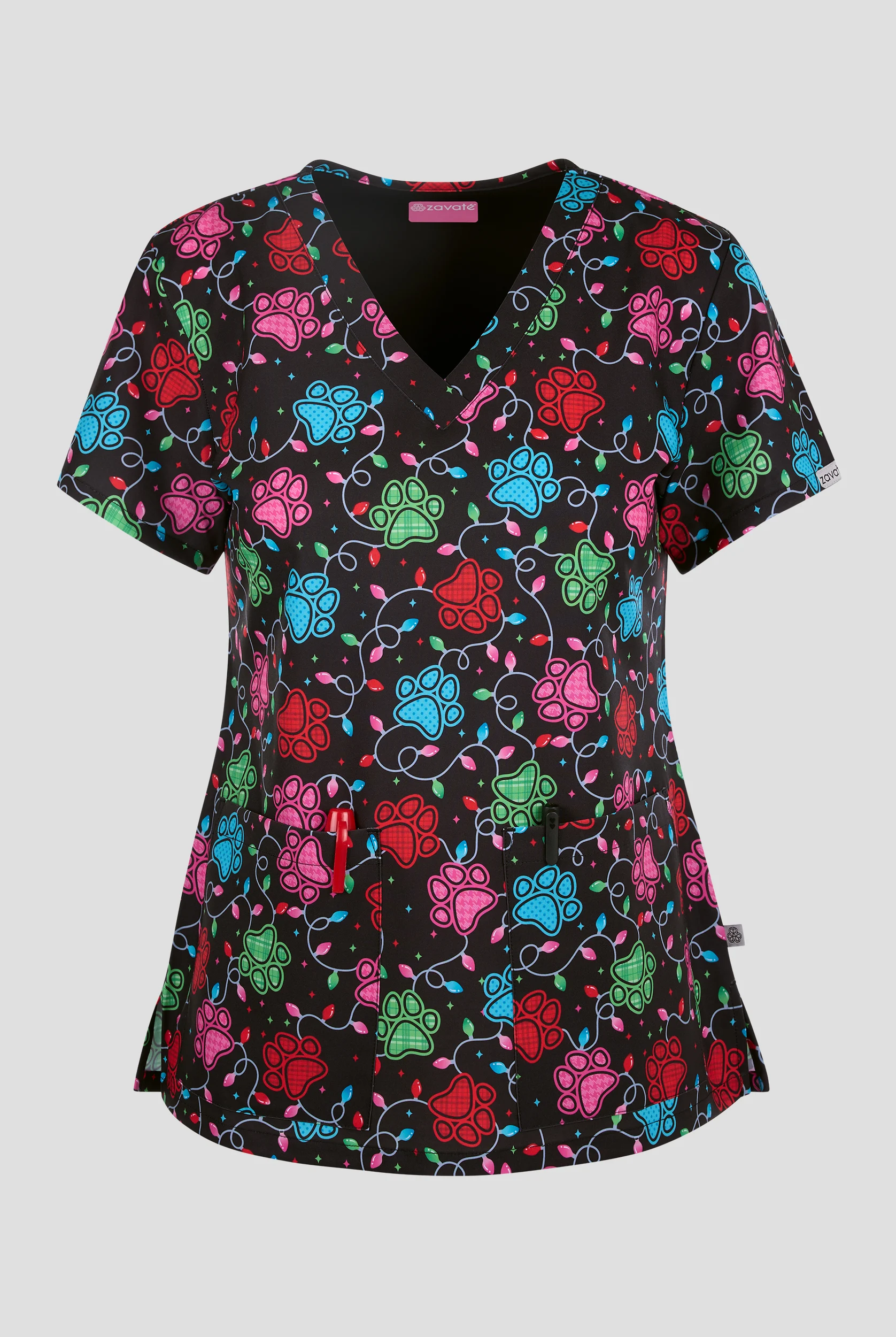Zavate Ava Therese Pawfect Lights Women's 2-Pocket STRETCH V-Neck Print Scrub Top