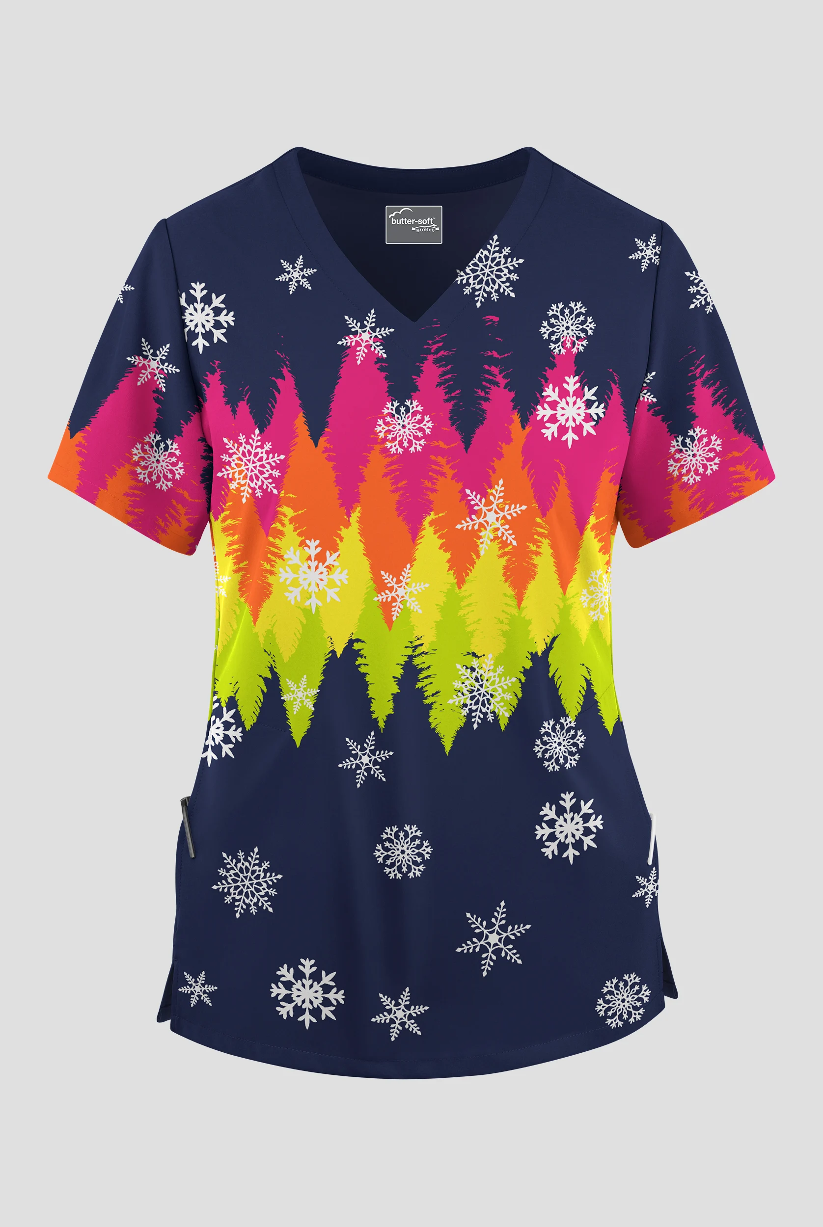 Blusa médica estampada Butter-soft STRETCH Drifting Snowflakes Navy con cuello en V y 2 bolsillos para mujer