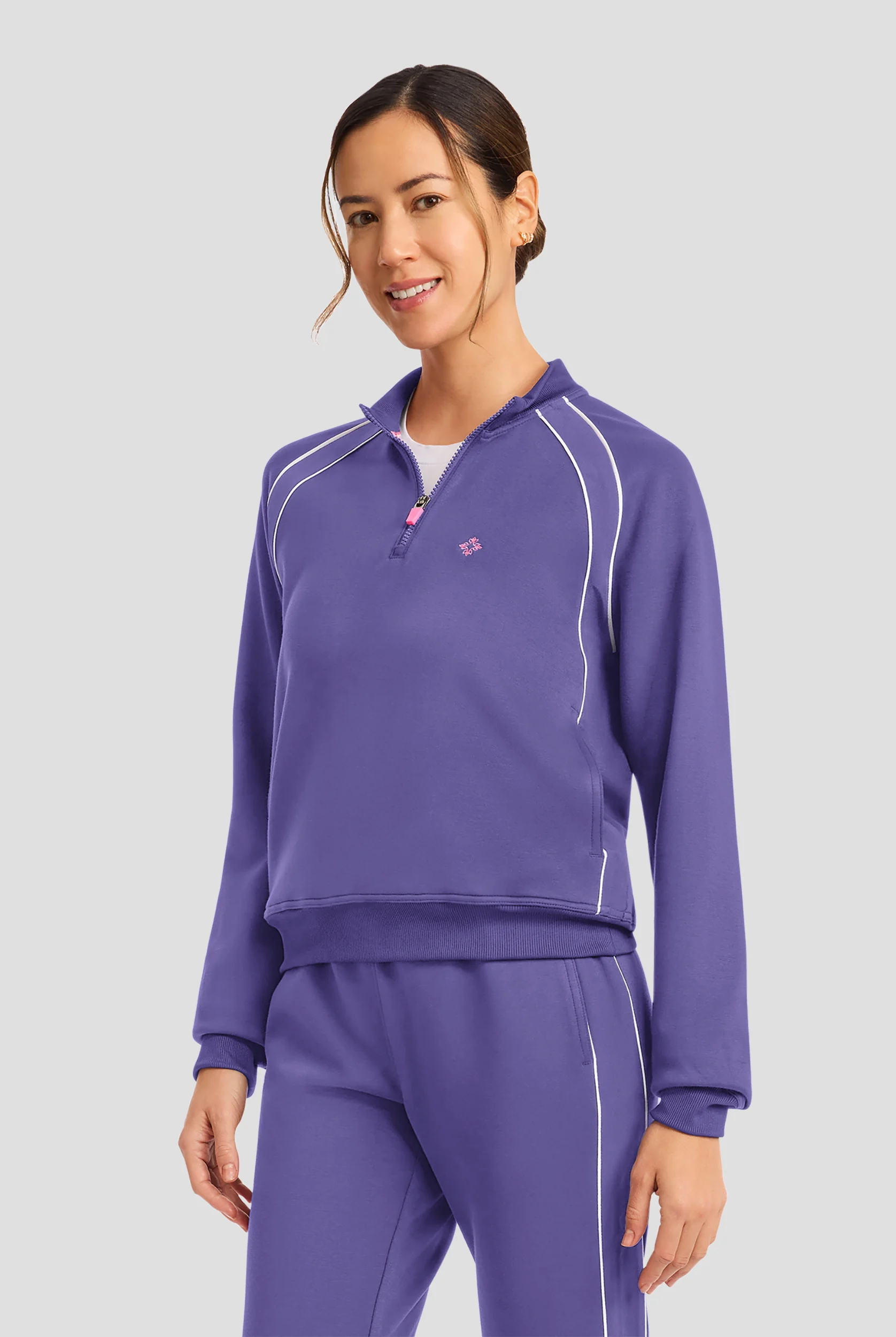 Med Couture Layers Women's 2-Pocket STRETCH Half Zip Scuba Knit Scrub Jacket