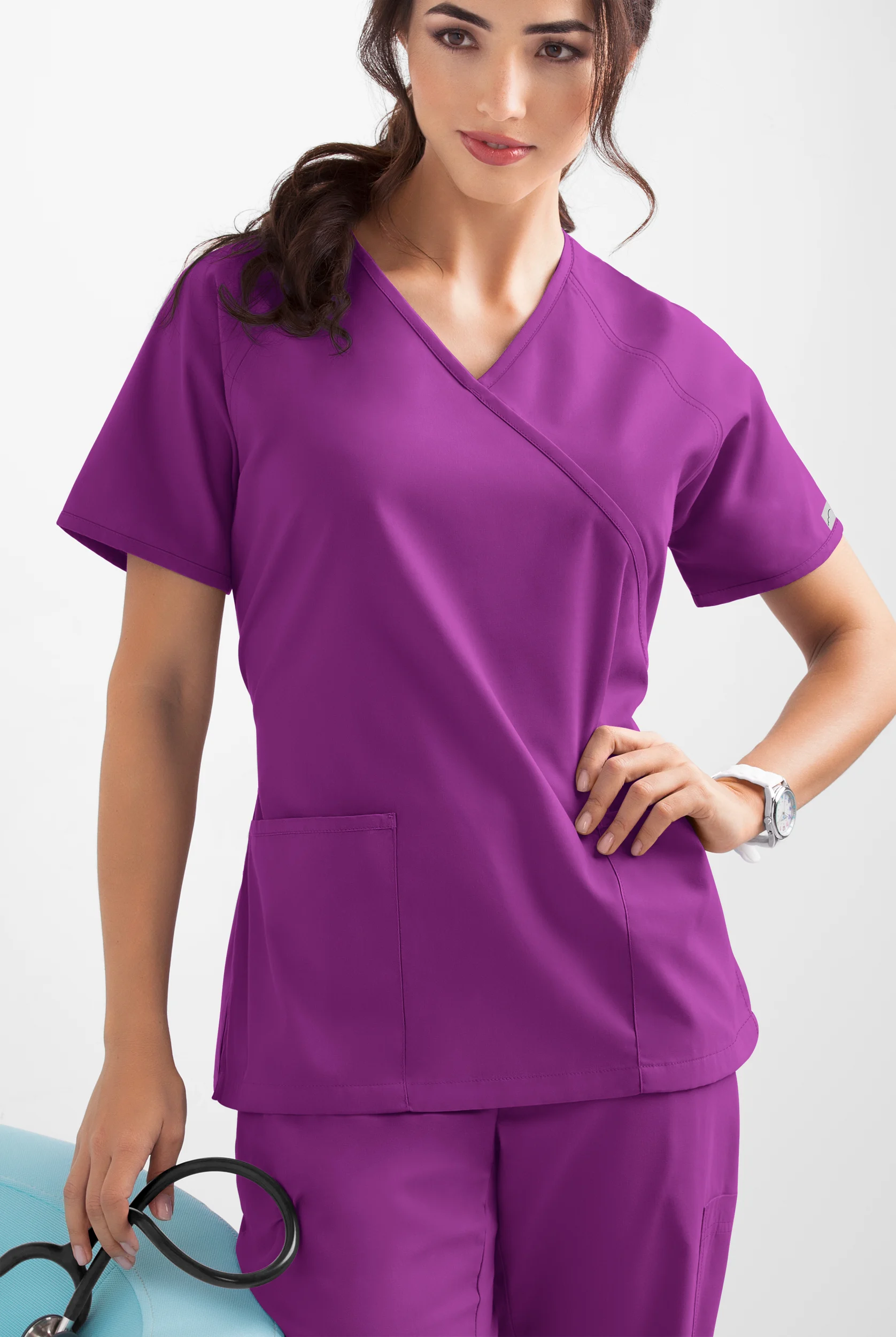 Butter-Soft Core Women's 2-Pocket Solid Mock Wrap Scrub Top