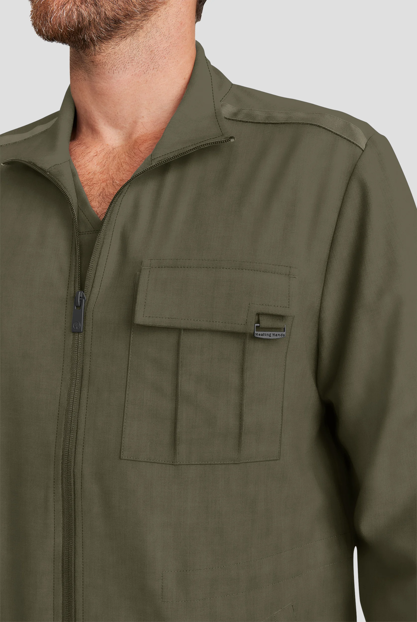 Healing Hands Quest Men's 4-Pocket STRETCH Zip Front Utility Scrub Jacket