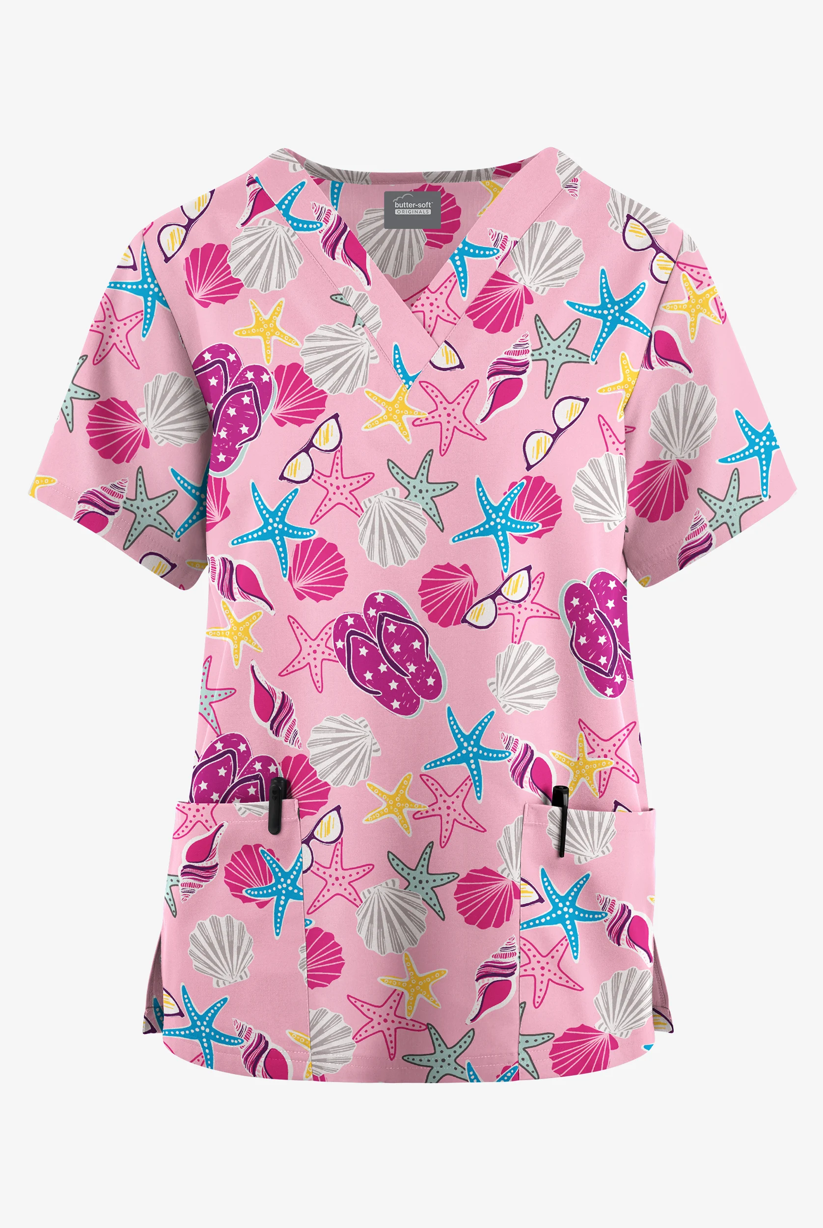 Butter-Soft Originals Walk On The Beach Blush Women's 2-Pocket V-Neck Print Scrub Top