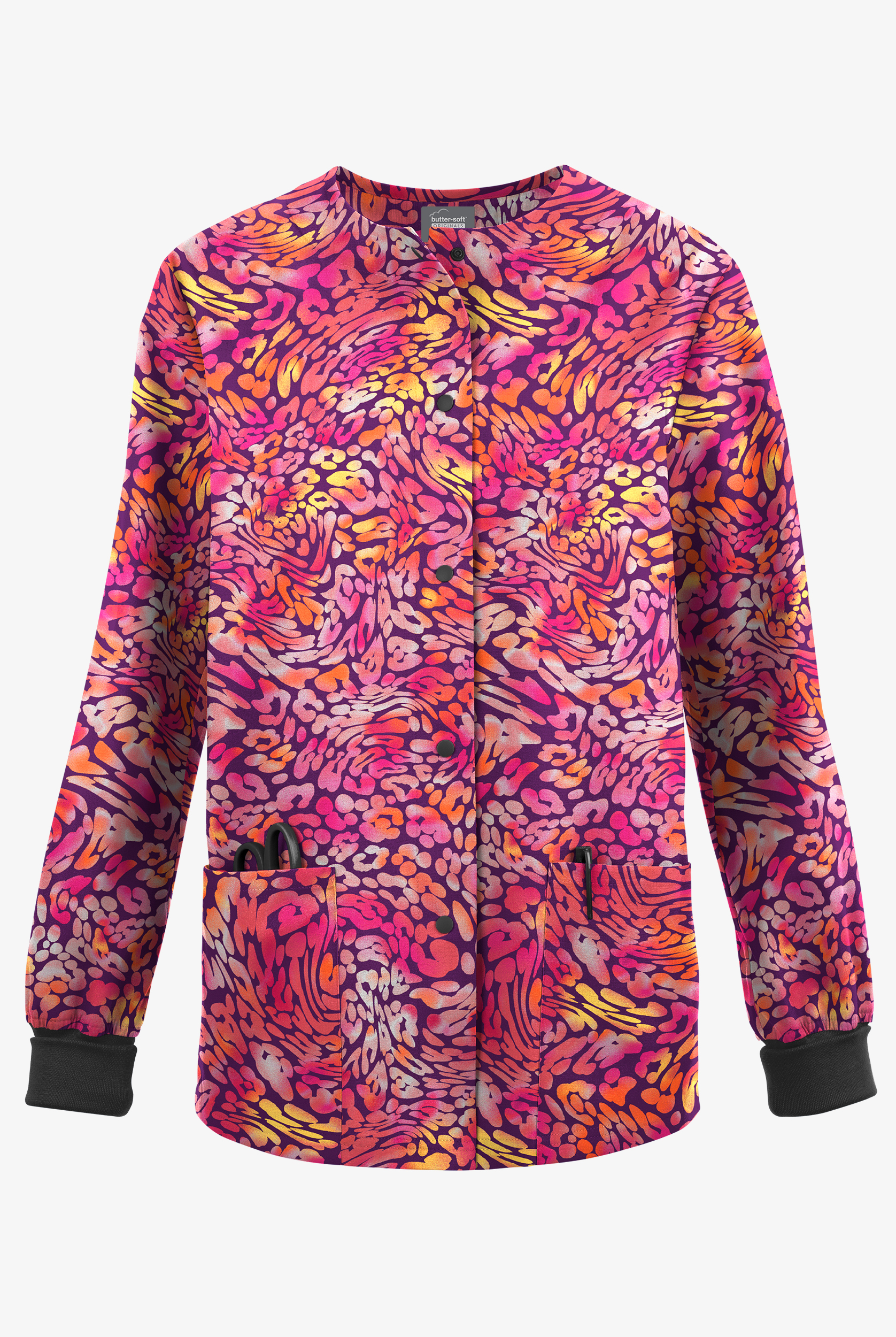 Butter-Soft Originals Leopard Wave Eggplant Women's 3-Pocket Snap Front Print Scrub Jacket