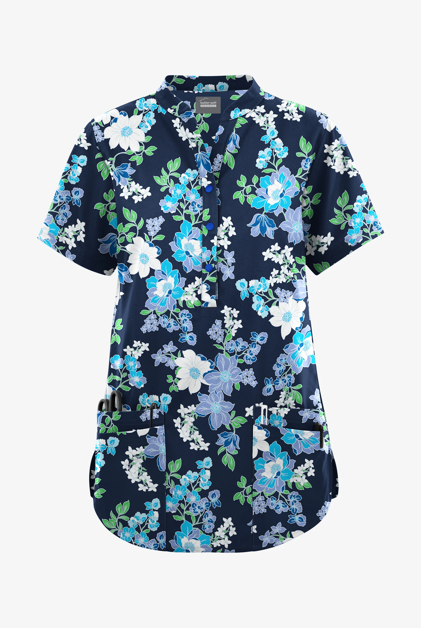 Butter-Soft Originals Florentine Floral Navy Women's 6-Pocket Mandarin Collar Print Scrub Top