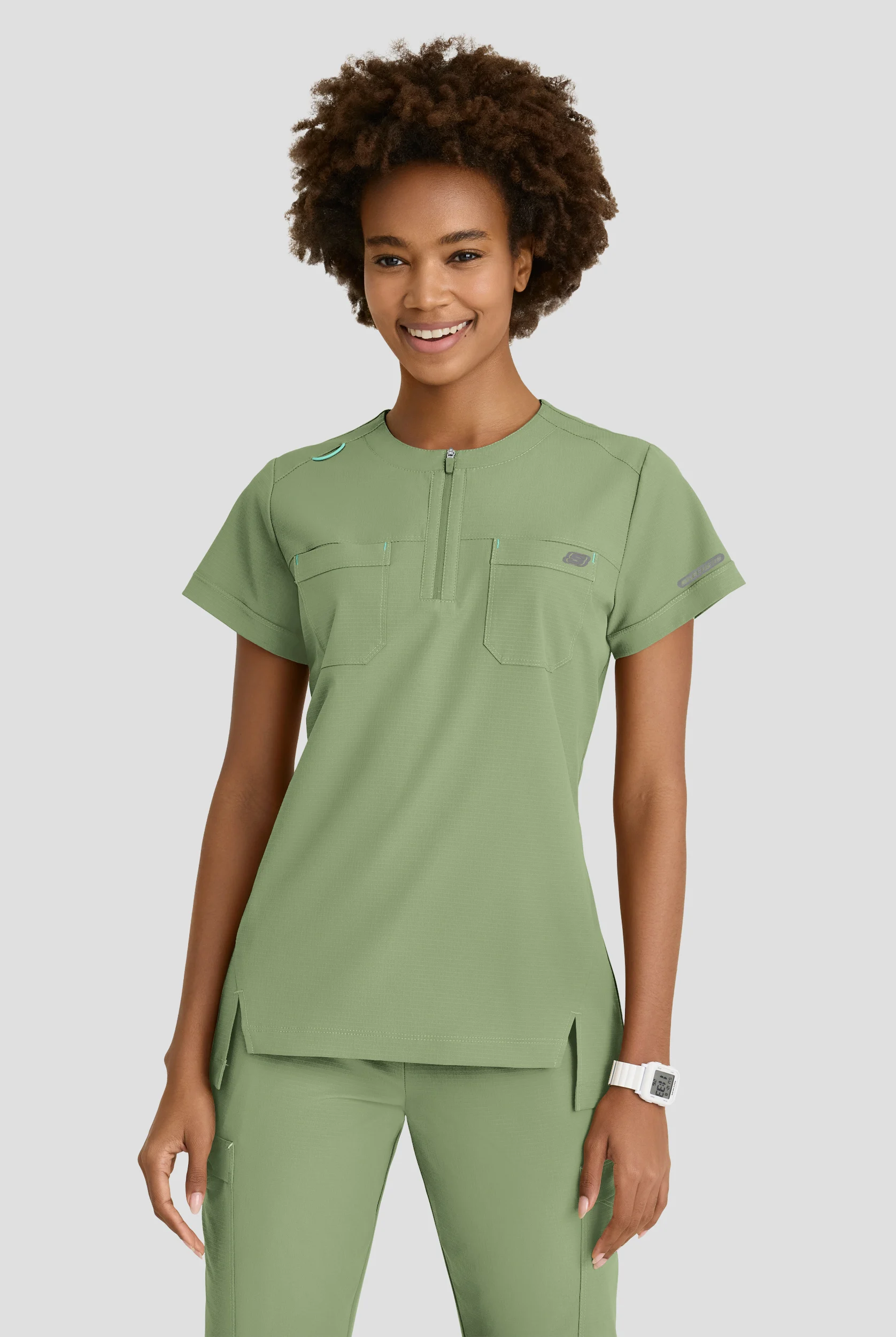 Skechers by Barco Ripstop Trek Women's 2-Pocket STRETCH Rounded Zip Neck Tuck In Scrub Top