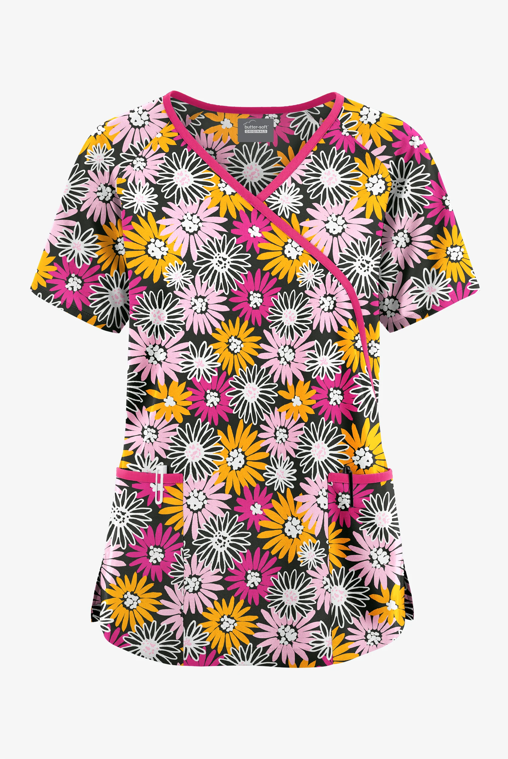 Butter-Soft Originals Pop Of Daisies Women's 3-Pocket Mock Wrap with Ties Print Scrub Top