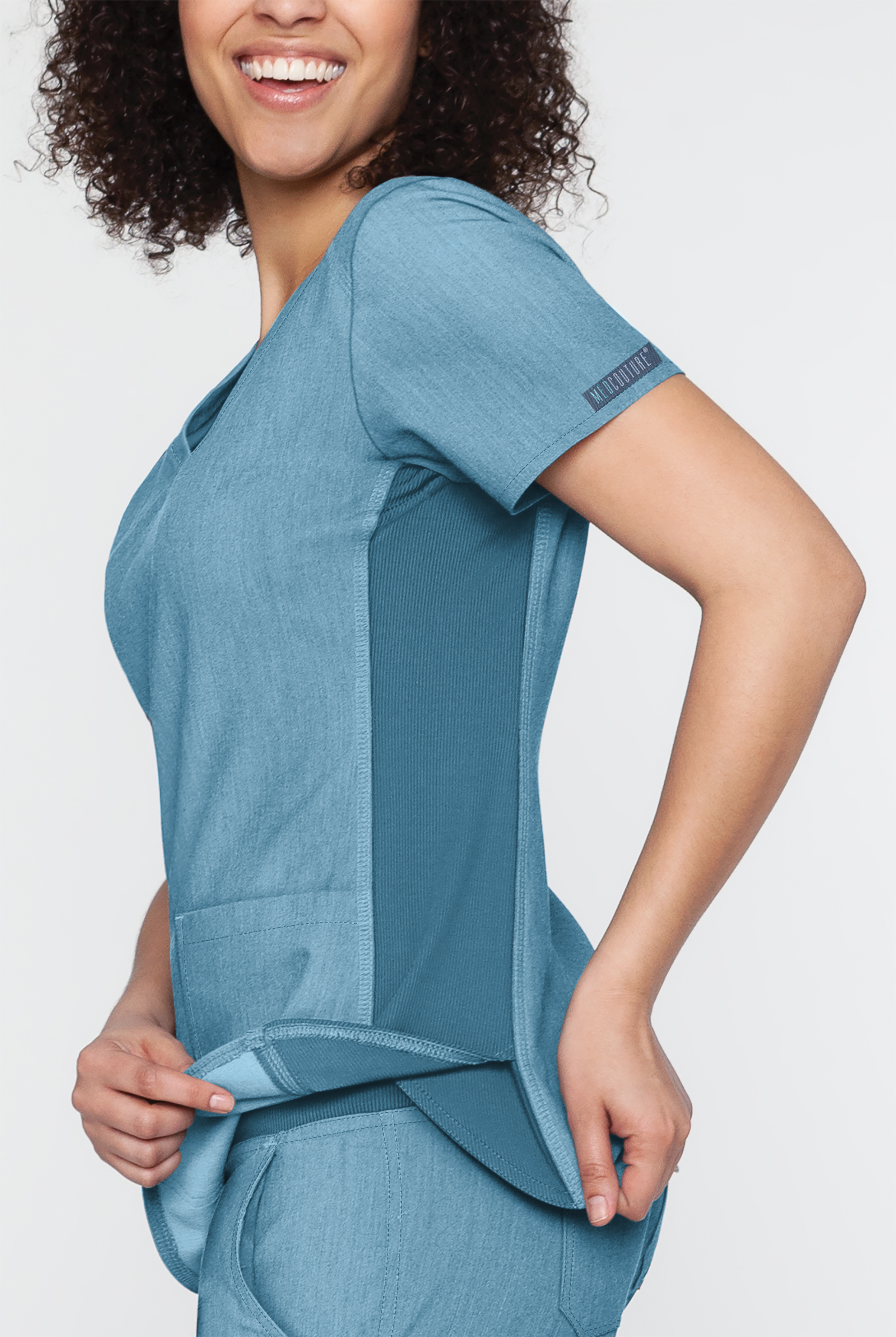 Med Couture Touch Women's 3-Pocket STRETCH Rib-Knit Side Panels Shirttail V-Neck Scrub Top