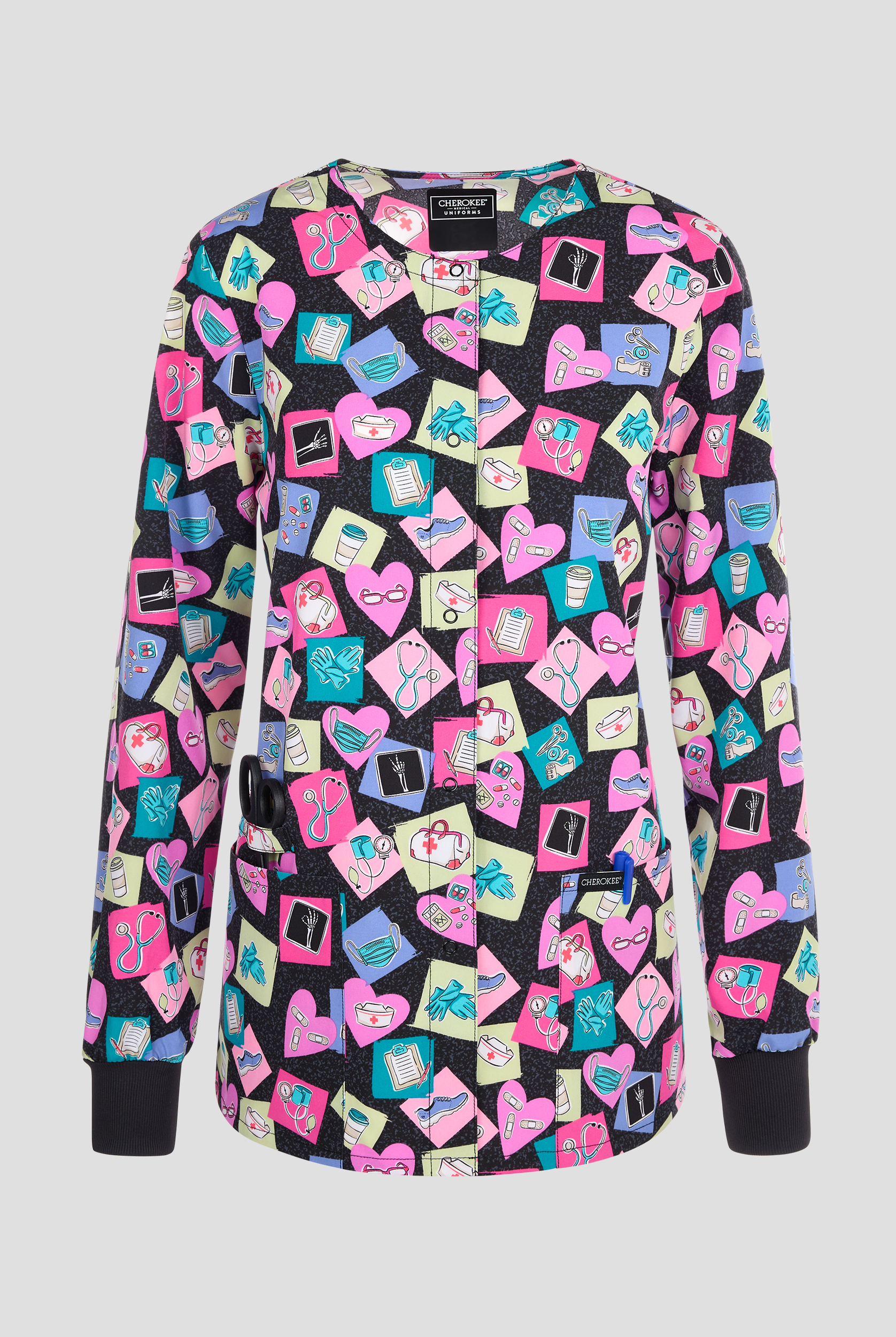 Cherokee Health-abet Women's 2-Pocket STRETCH Snap Front Print Scrub Jacket