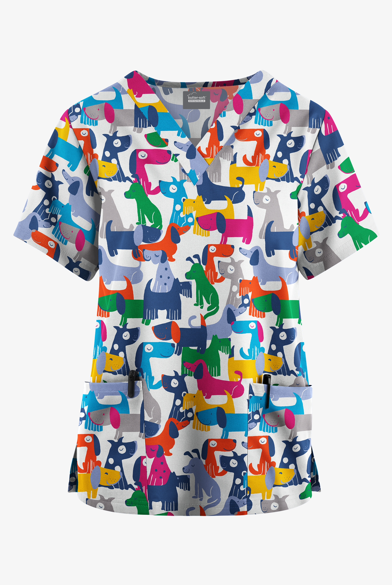 Blusa m&eacute;dica estampada Butter-Soft Originals Playful Paws White con cuello en V y 2 bolsillos para mujer