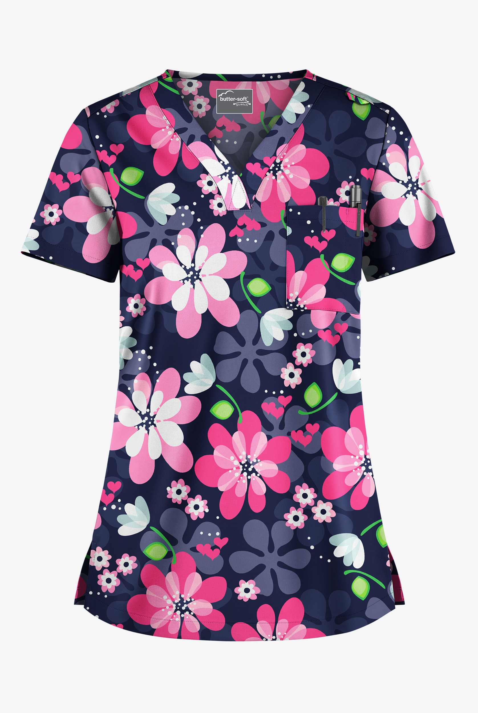 Butter-Soft STRETCH Fantasy Flora Navy Women's 1-Pocket Tuck-In V-Neck Print Scrub Top