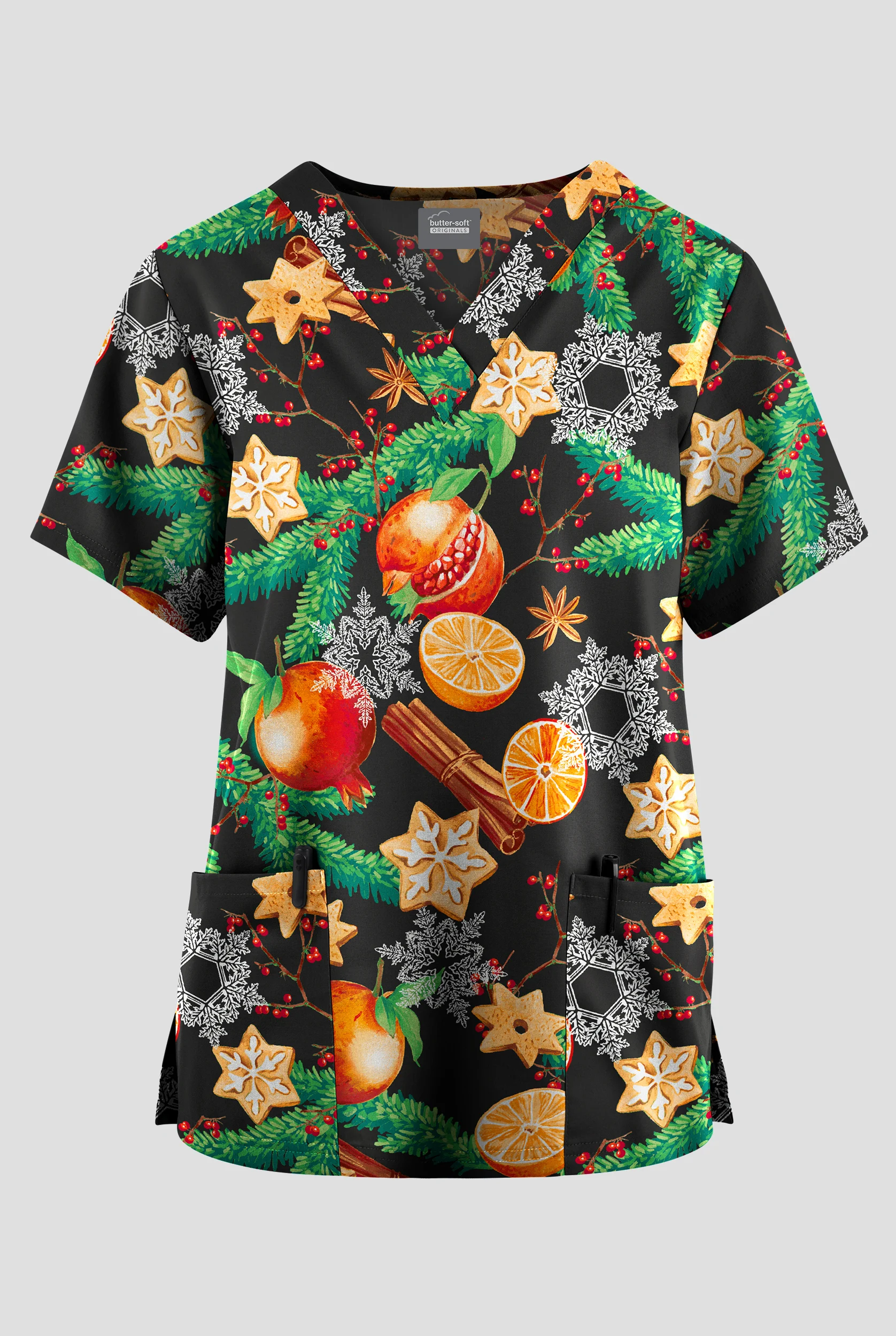 Butter-Soft Originals Christmas Spice Women's 2-Pocket V-Neck Print Scrub Top