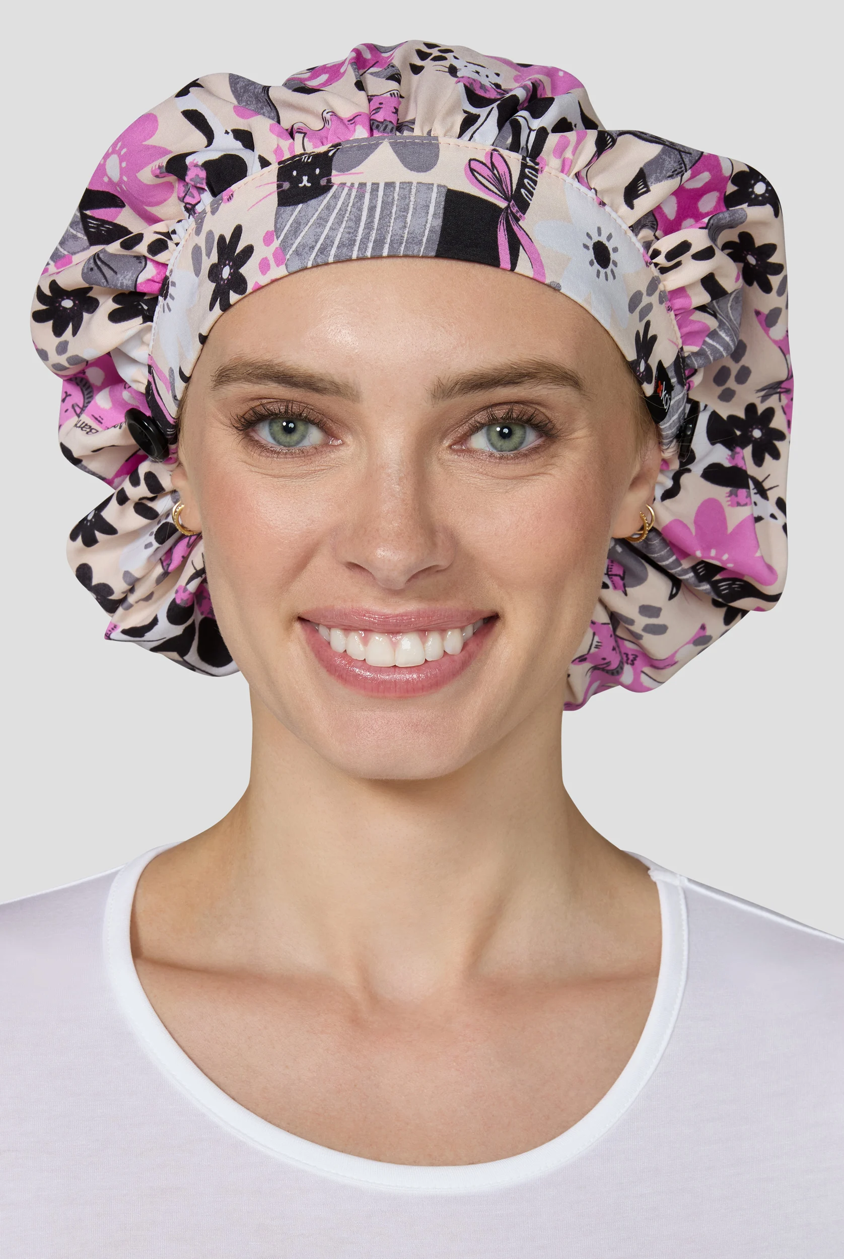 koi Basics Everyday Floral Cats Bouffant Scrub Hat