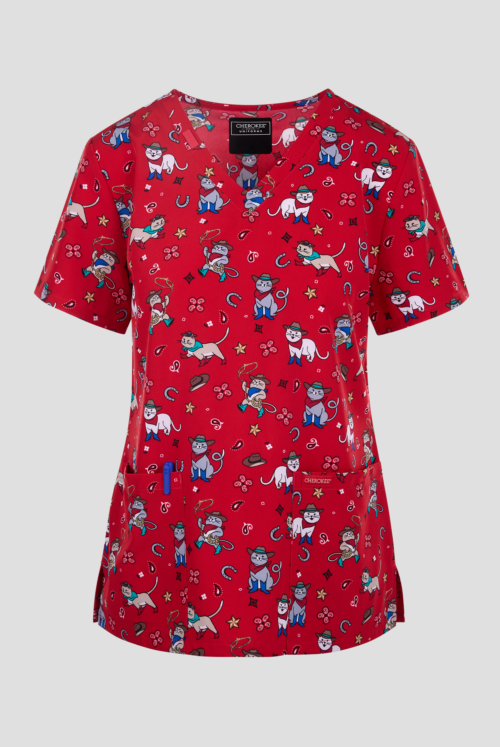 Blusa médica estampada Cherokee Cowgirl Kitty STRETCH con cuello en V y 2 bolsillos para mujer