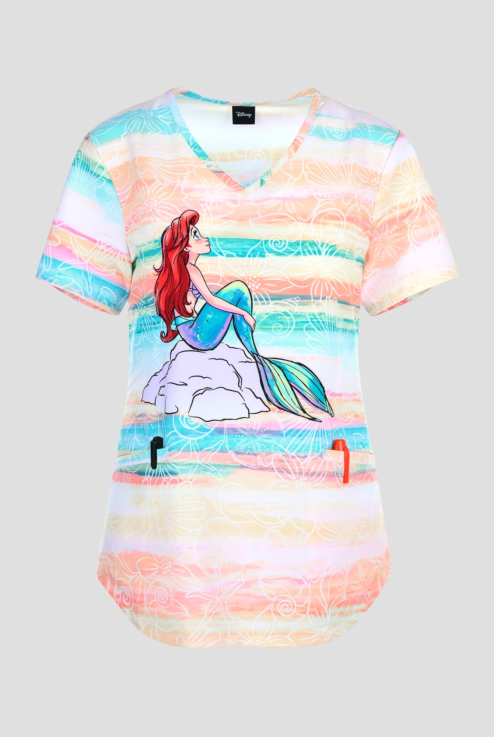 Tooniforms Little Mermaid Vibe With The Tide Women's 2-Pocket STRETCH V-Neck Print Scrub Top