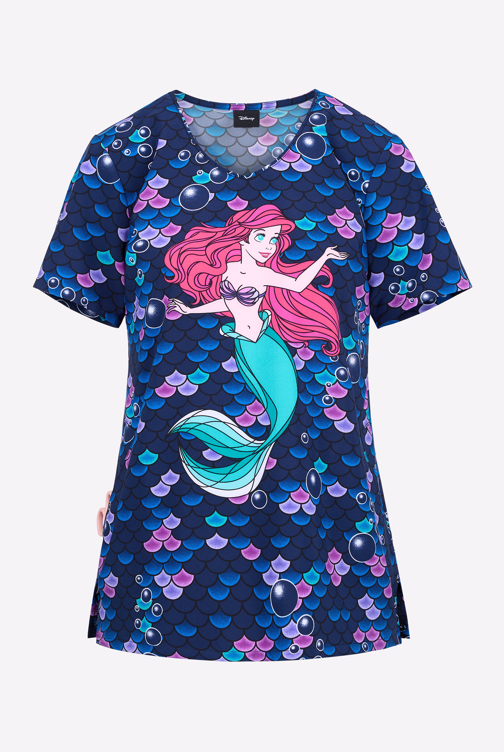 Tooniforms Disney's Tale Of A Mermaid Women's 2-Pocket STRETCH V-Neck Print Scrub Top