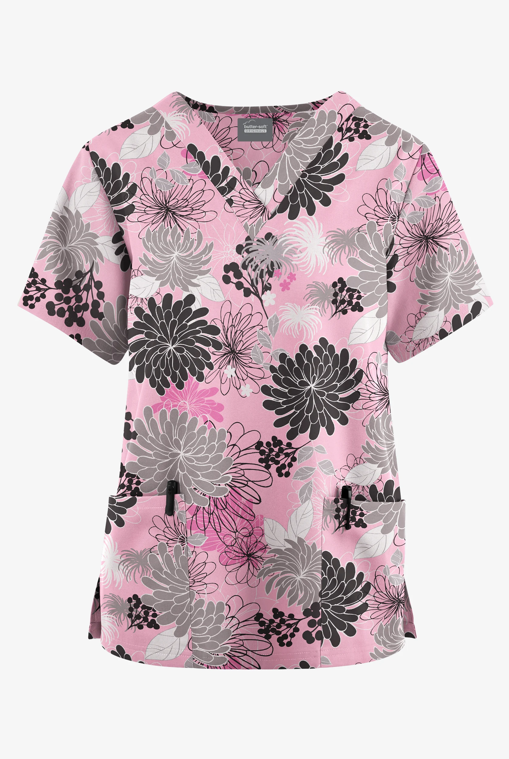 Blusa m&eacute;dica estampada Butter-Soft Originals Floral Burst Blush con cuello en V y 2 bolsillos para mujer