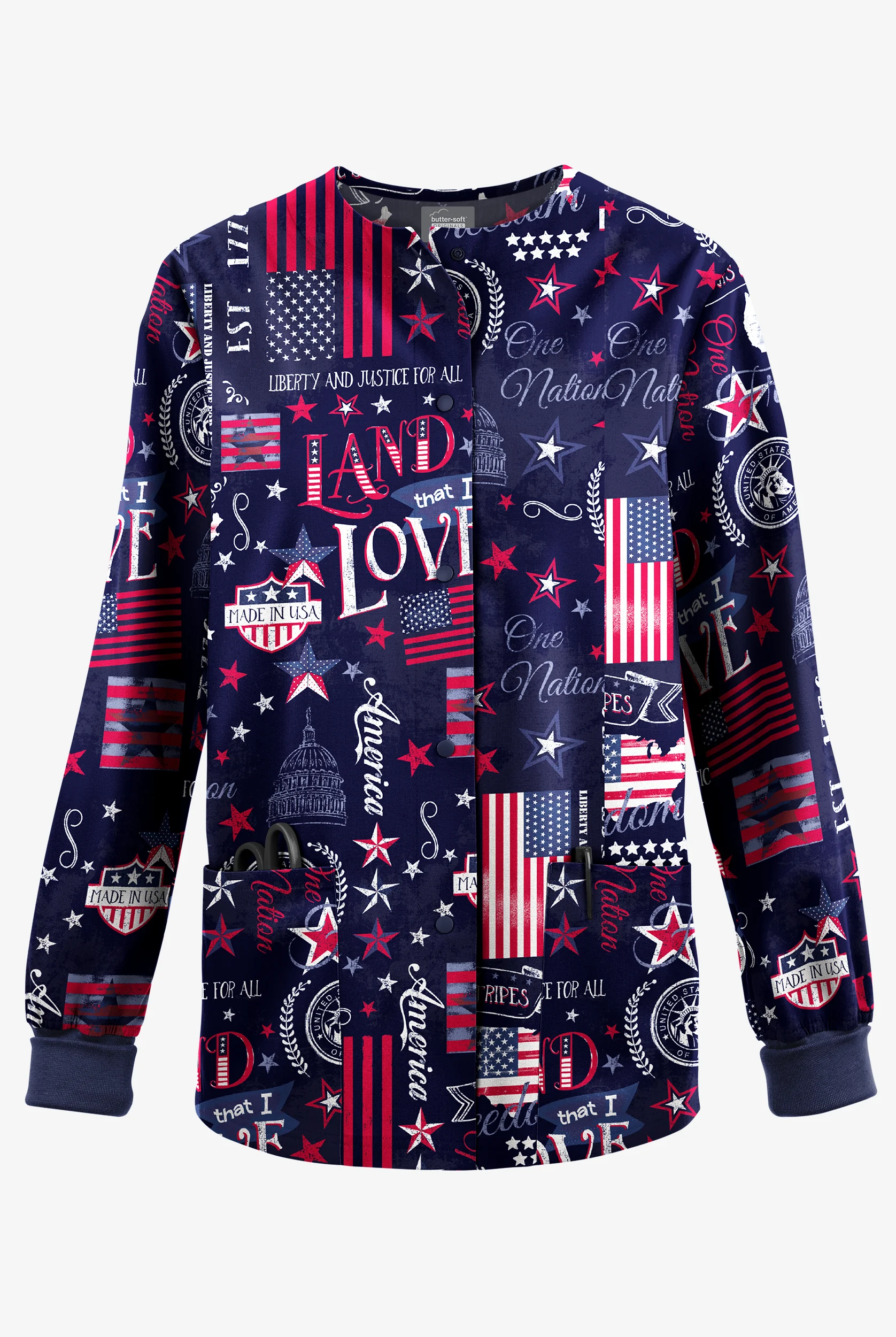 Butter-Soft Originals Freedom USA Navy Women's 3-Pocket Snap Front Print Scrub Jacket
