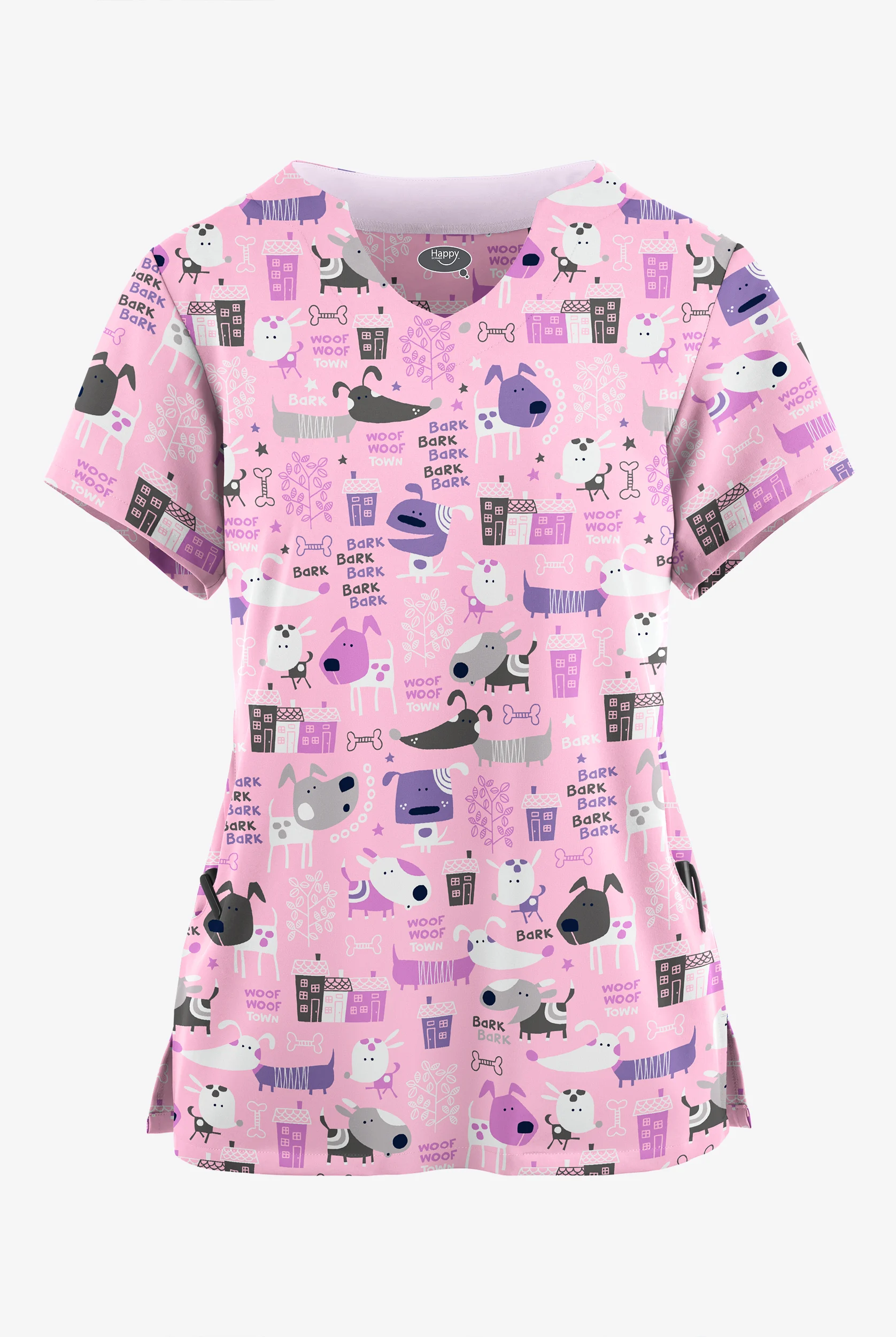 Happy Scrubs Bark Park Blush Women's 2-Pocket Scallop Neck Print Scrub Top