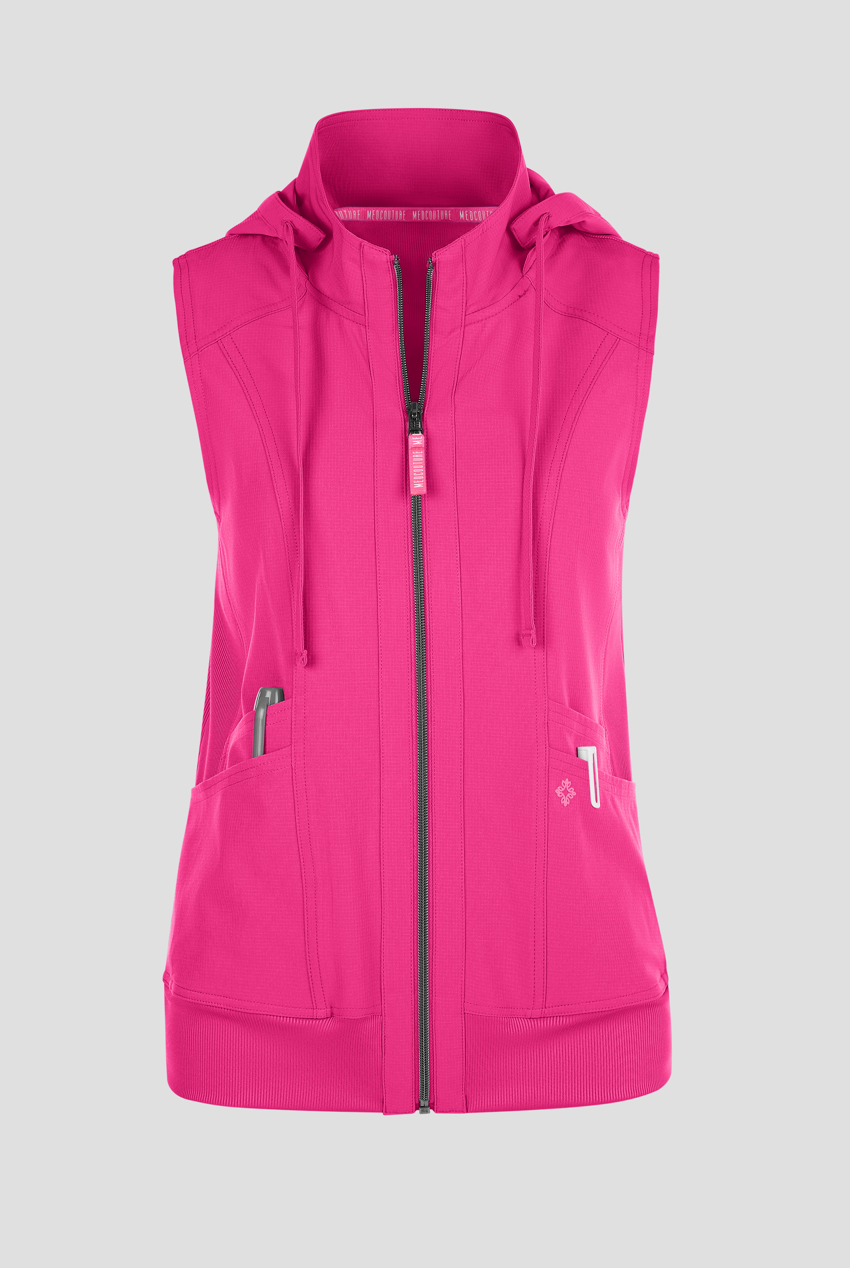 Med Couture Amp Women's 4-Pocket STRETCH Zip Front Removable Hoodie Scrub Vest