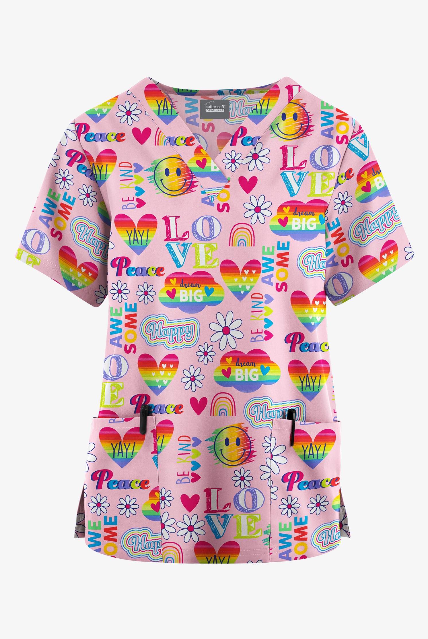 Butter-Soft Originals Good Vibes Only Fuchsia Women's 2-Pocket V-Neck Print Scrub Top