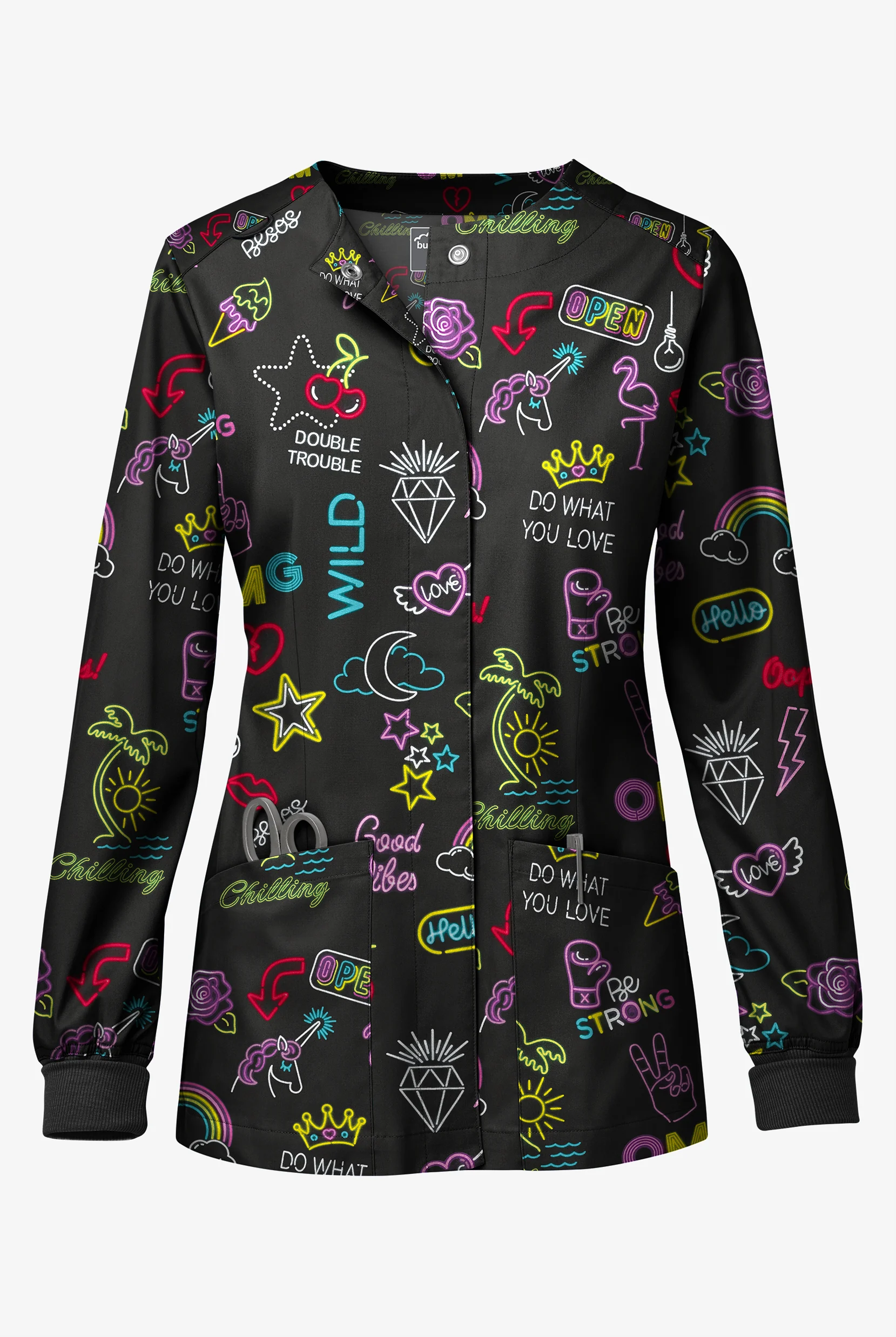 Butter-Soft STRETCH Neon Vibes Black Women's Printed Long Sleeve Snap Front Jacket