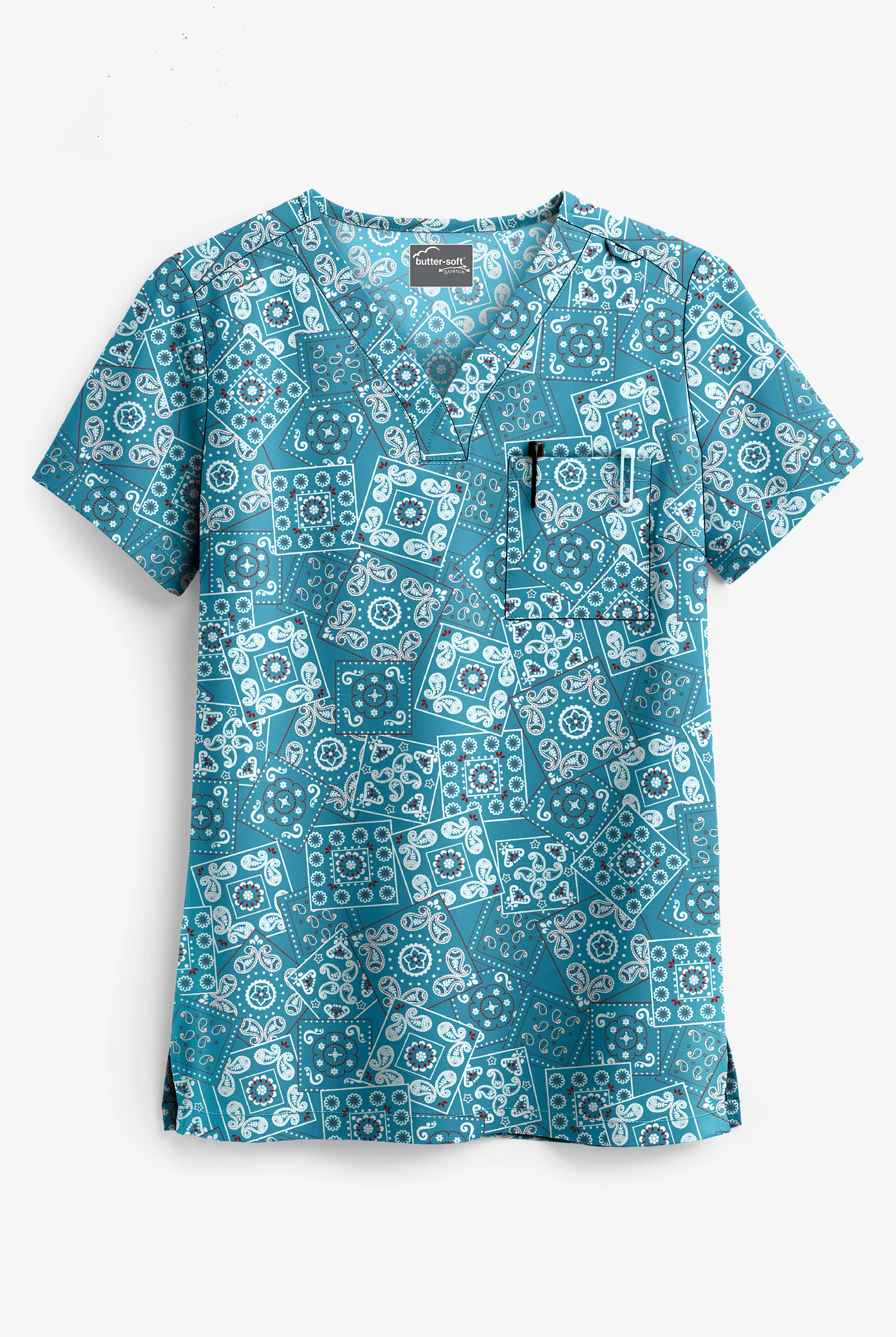 Butter-Soft STRETCH Bandana Paisley Women's 1-Pocket V-Neck Print Scrub Top