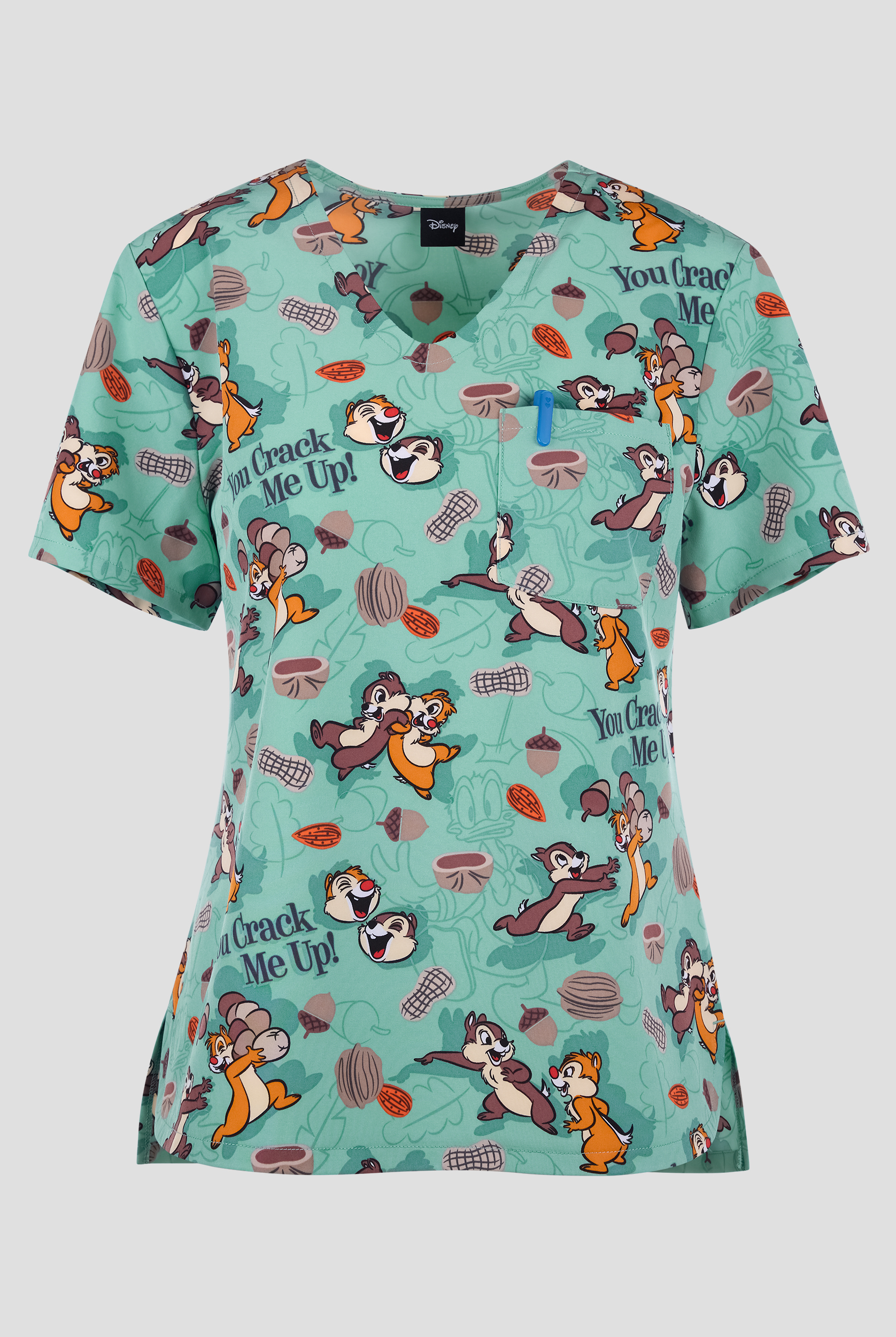 Tooniforms Disney's Crack Me Up Women's 1-Pocket STRETCH V-Neck Print Scrub Top