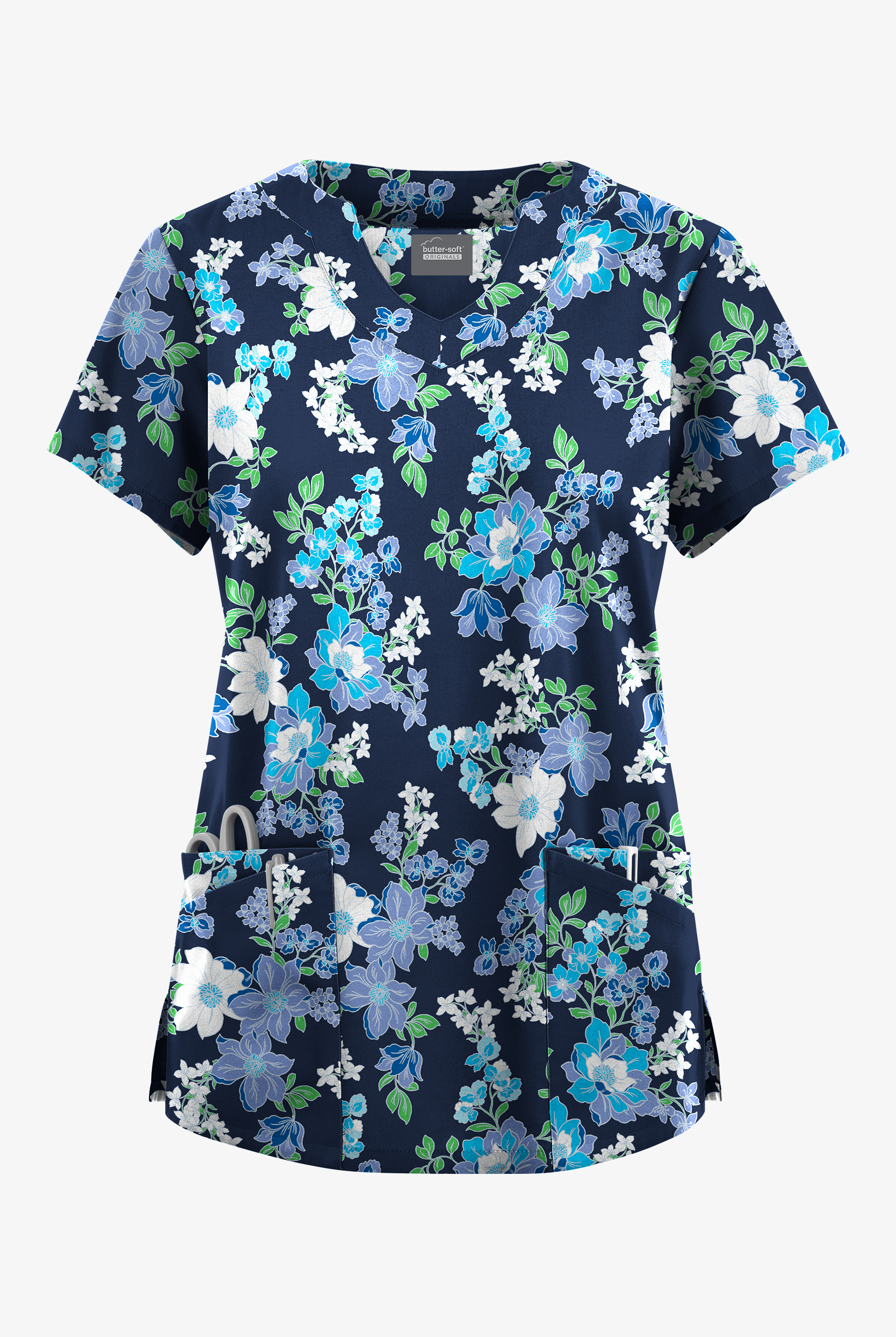 Butter-Soft Originals Florentine Floral Navy Women's 6-Pocket Scallop Neck Print Scrub Top