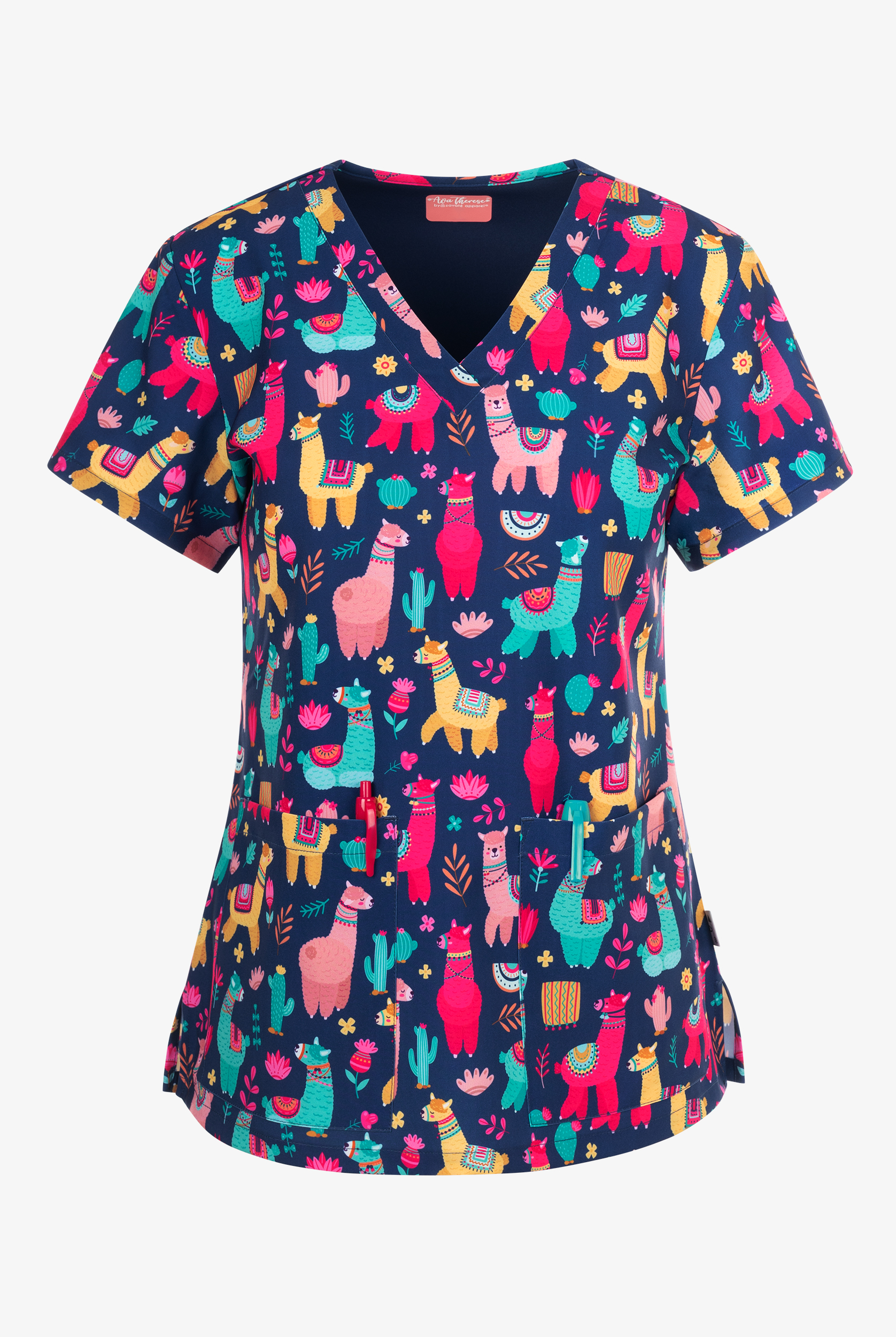 Zavate Ava Therese Llamapalooza Women's 2-Pocket STRETCH V-Neck Print Scrub Top