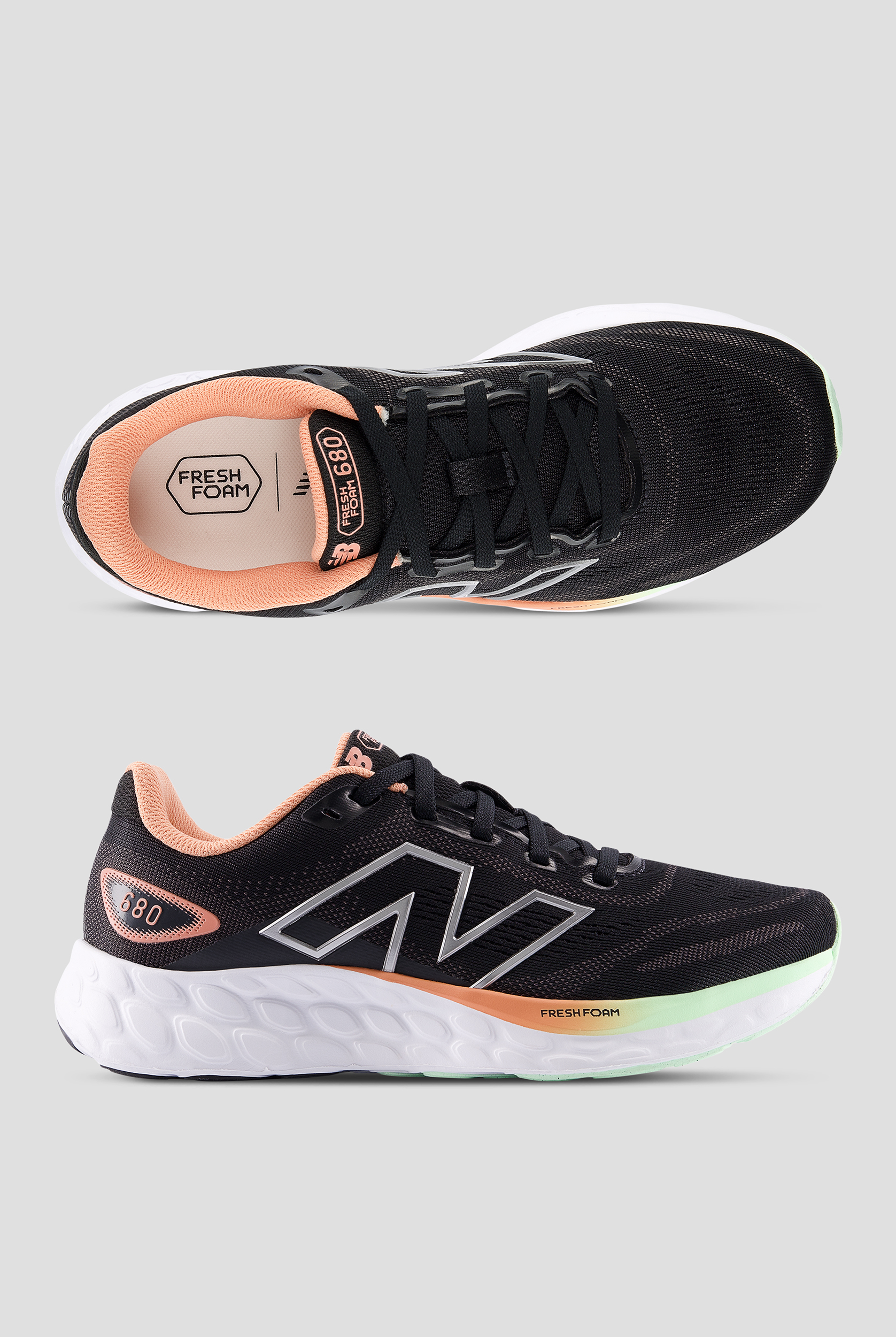 New Balance Women's Fresh Foam 680 Black/Peach Nectar Athletic Lace Up Shoes