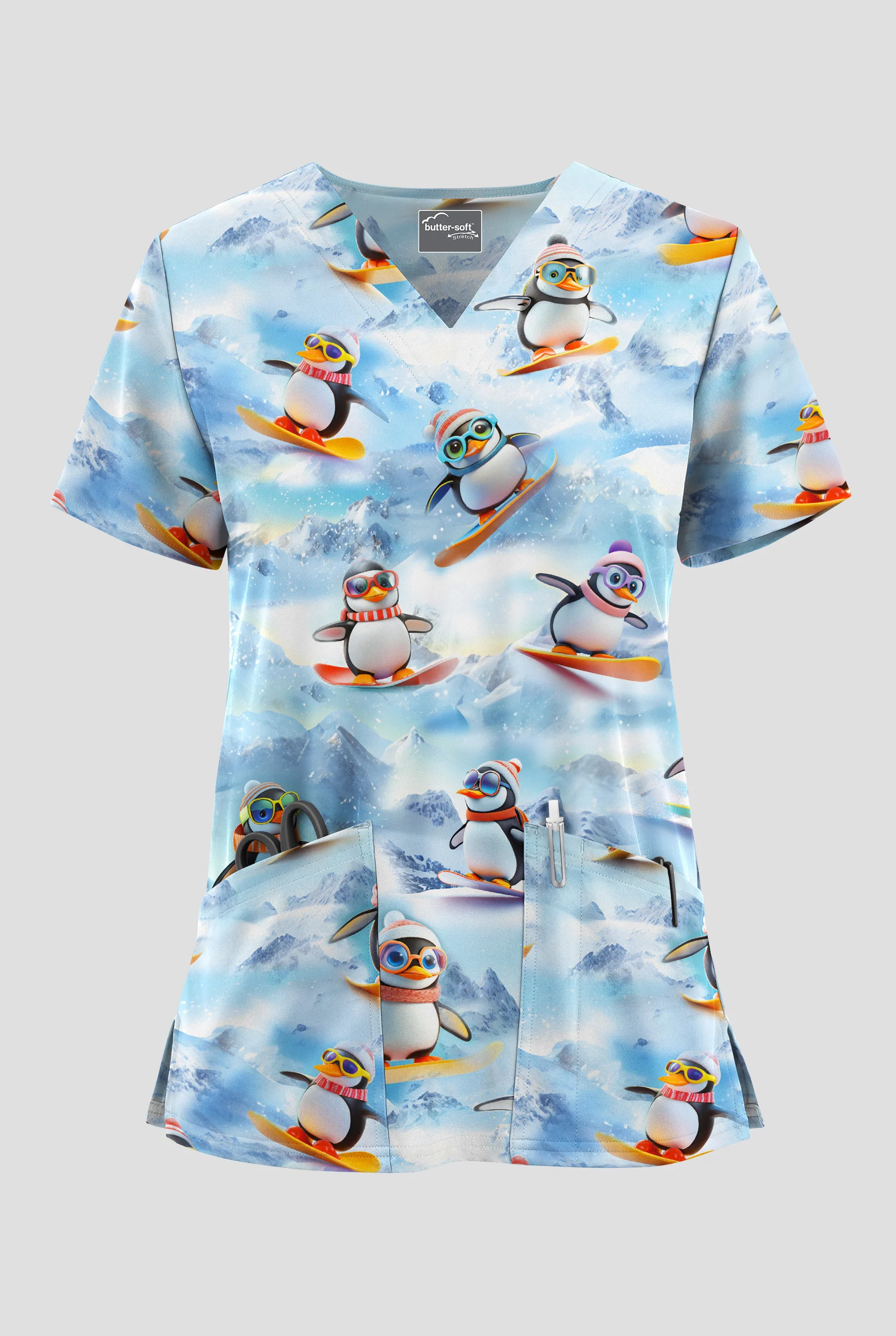 Butter-Soft STRETCH Penguin Slopes Women's 2-Pocket V-Neck Print Scrub Top