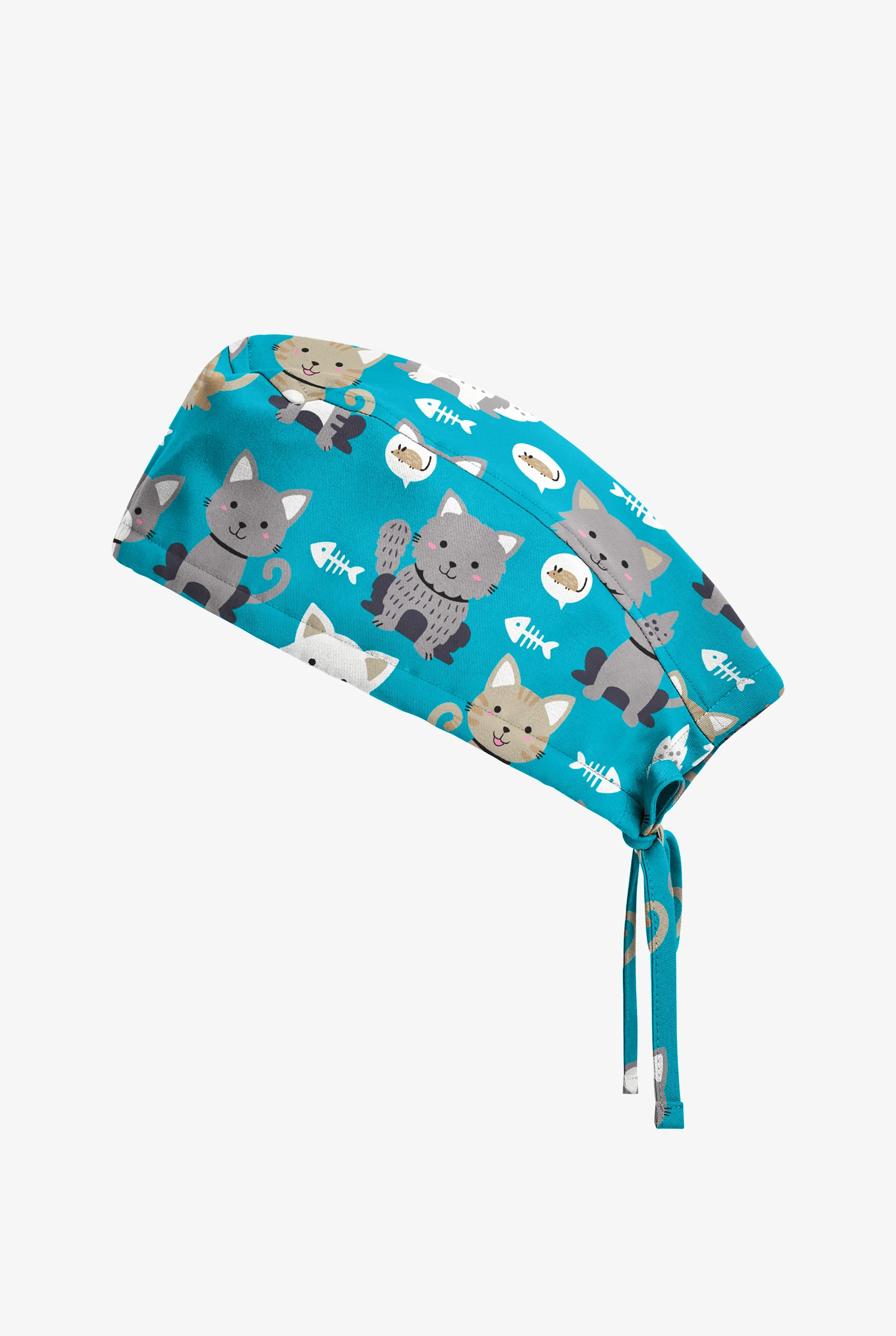 Gorro médico estampado unisex UA Cats at Play Turquoise STRETCH con cordón ajustable
