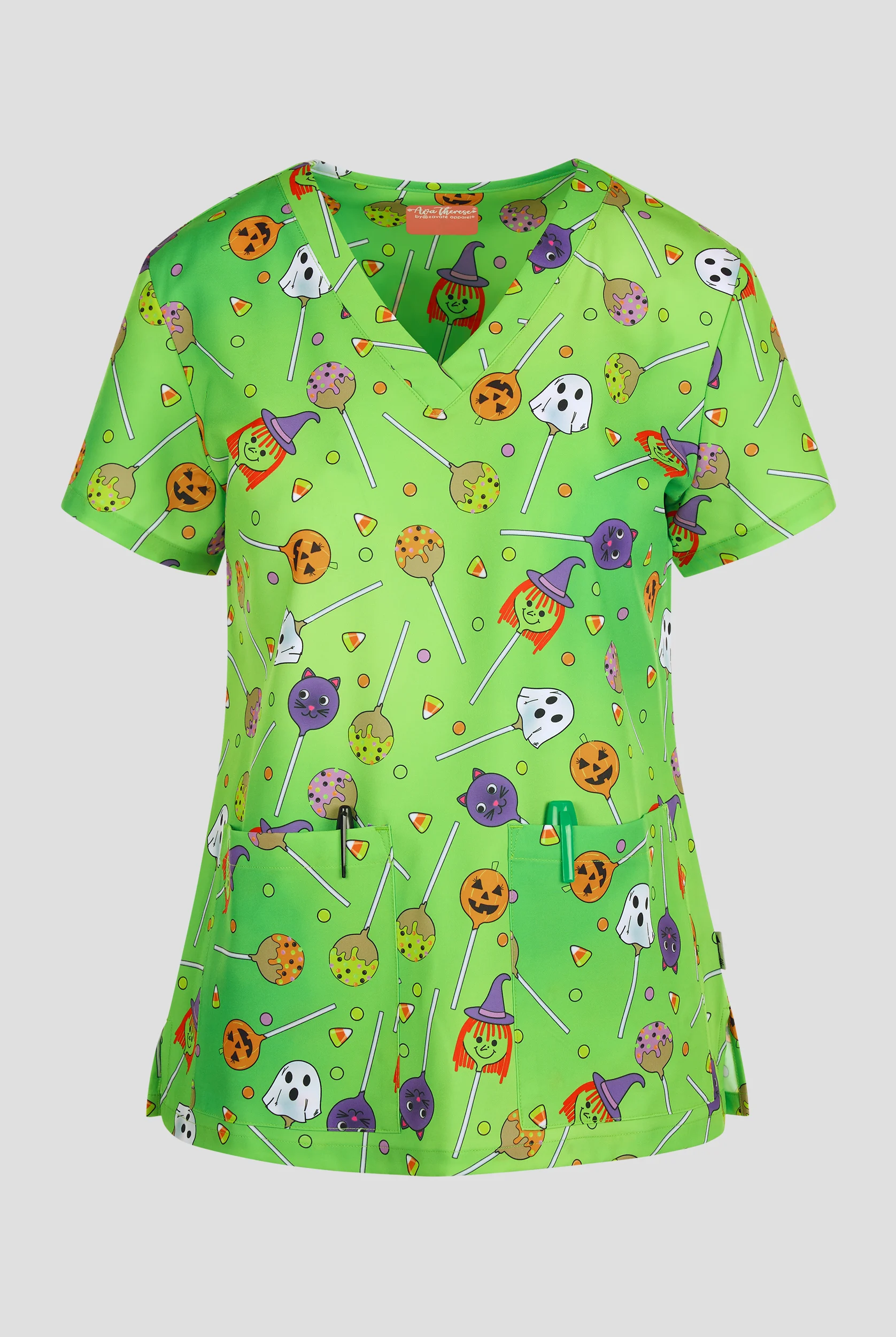 Zavate Ava Therese Sweet & Spooky Women's 2-Pocket STRETCH V-Neck Print Scrub Top