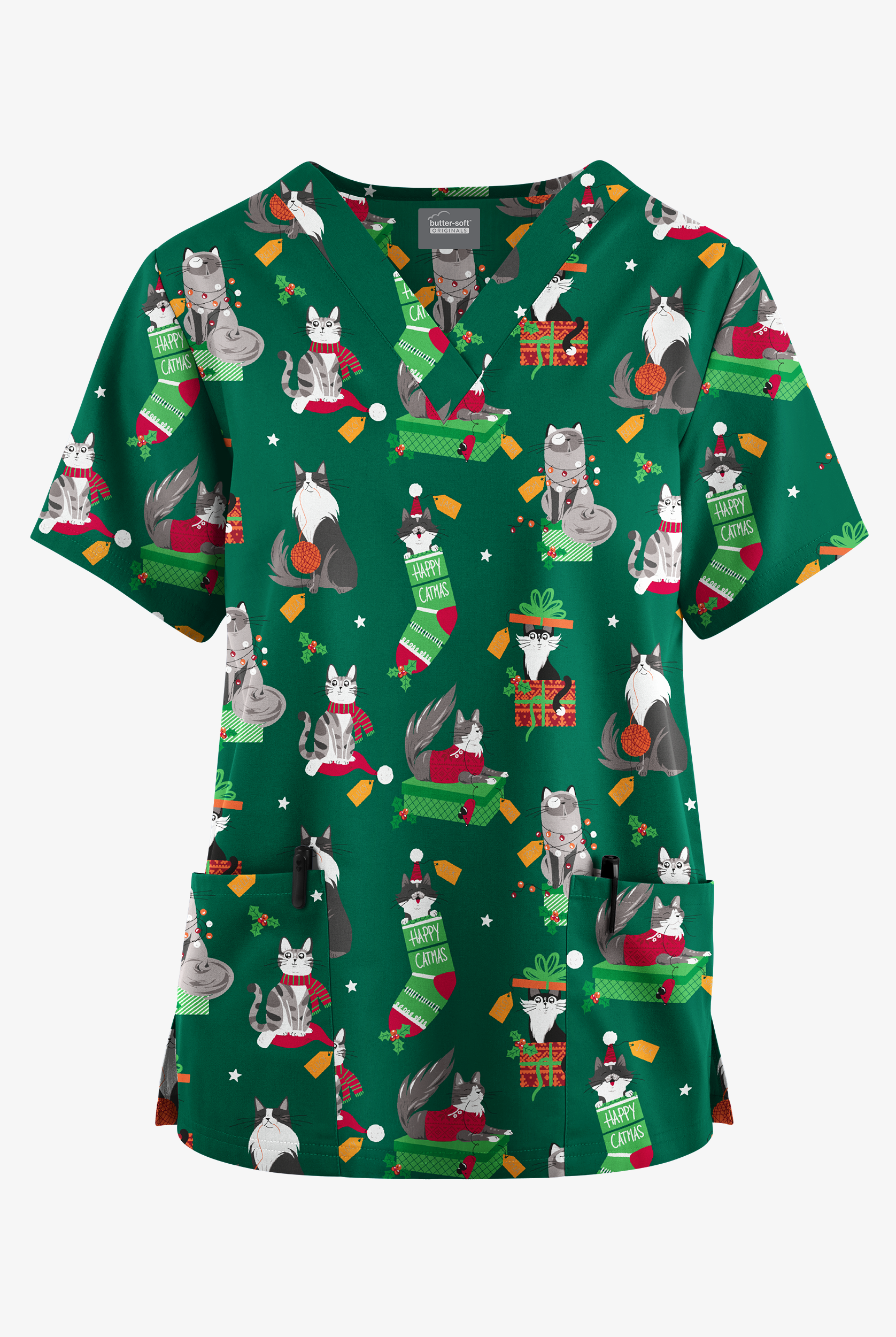 Butter-Soft Originals Playful Christmas Hunter Women's 2-Pocket Classic Fit V-Neck Print Scrub Top