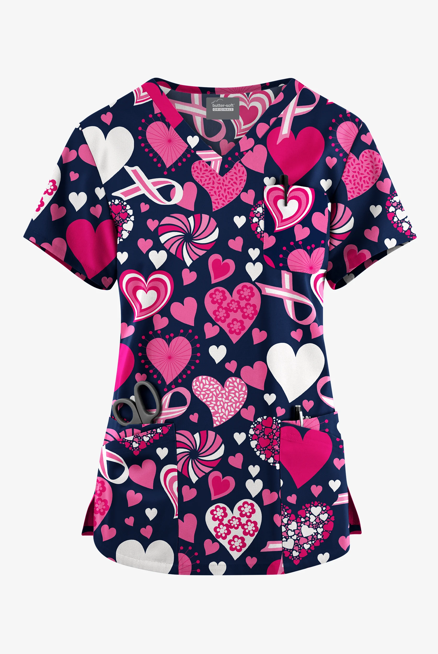 Butter-Soft Originals Ribbons Of Love Navy Women's 7-Pocket Rounded V-Neck Print Scrub Top