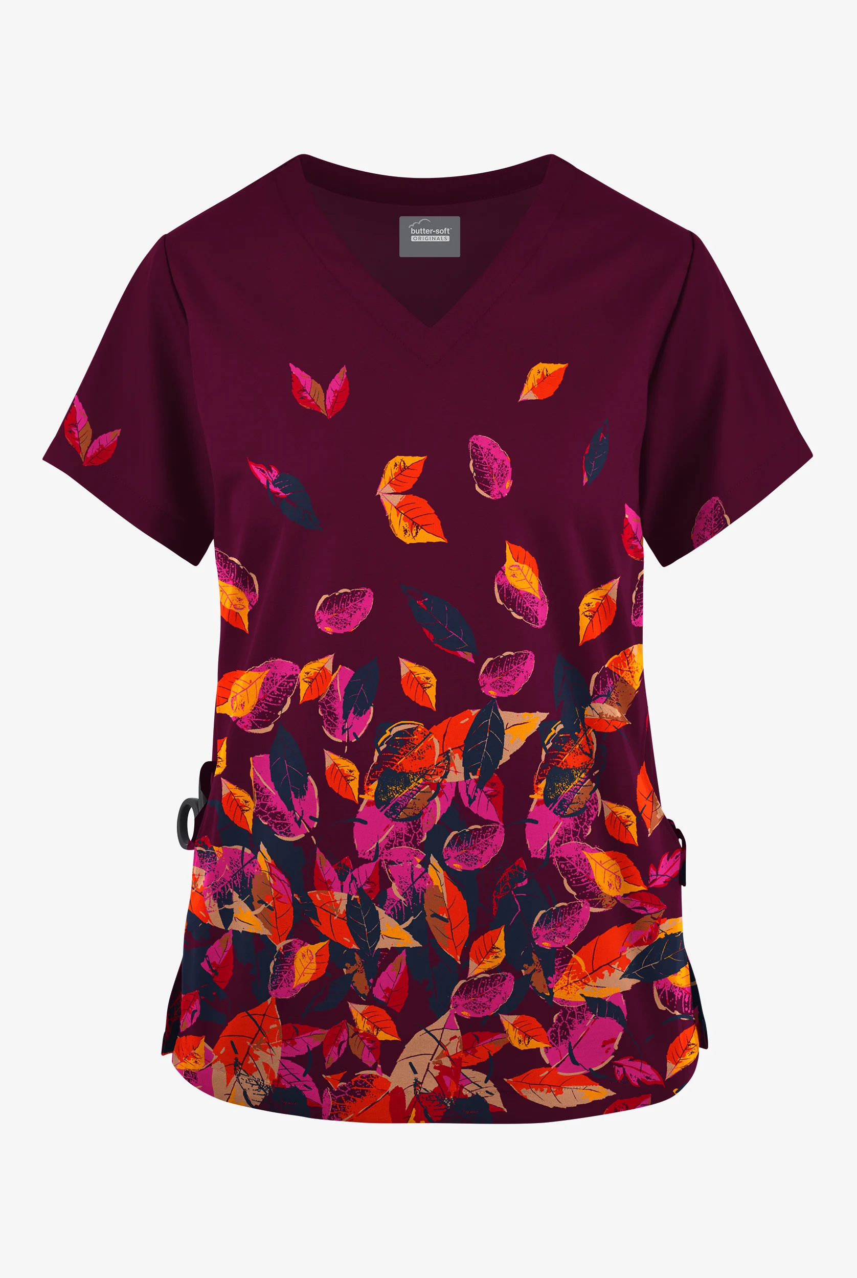 Butter-Soft Originals Autumn Border Wine Women's 2-Pocket V-Neck Print Scrub Top