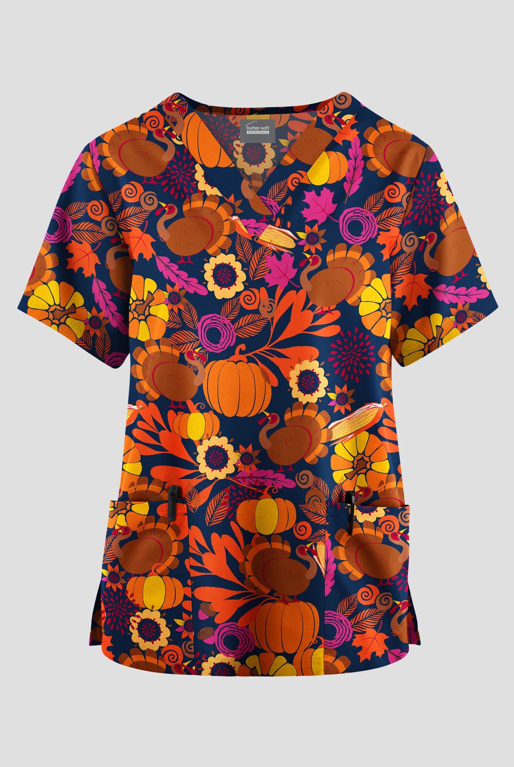 Butter-Soft Originals Forest Thanksgiving Navy Women's 2-Pocket V-Neck Print Scrub Top