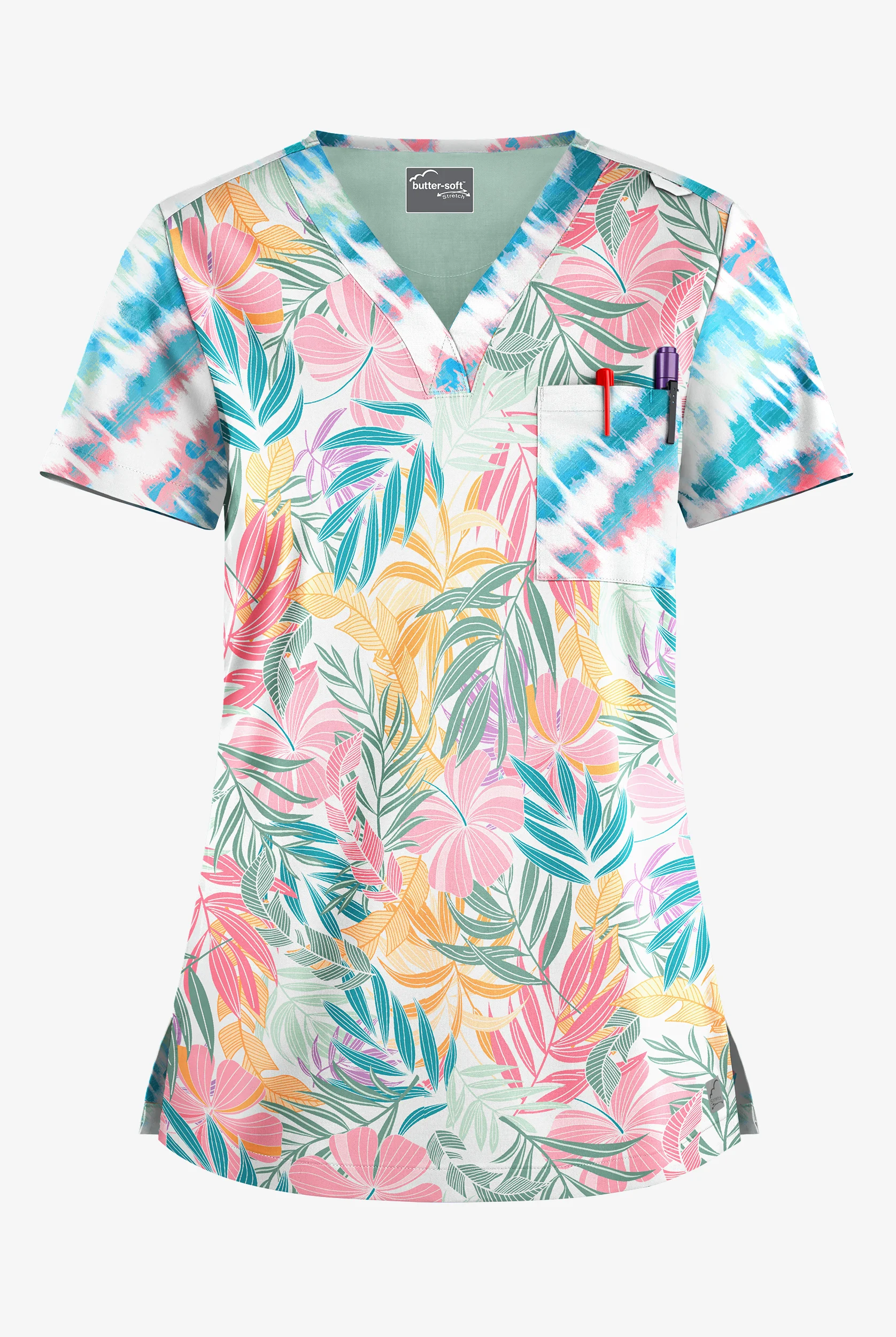Butter-Soft STRETCH Tropical Mix & Belize Ikat Women's 1-Pocket Tuck-In V-Neck Mixed Print Scrub Top