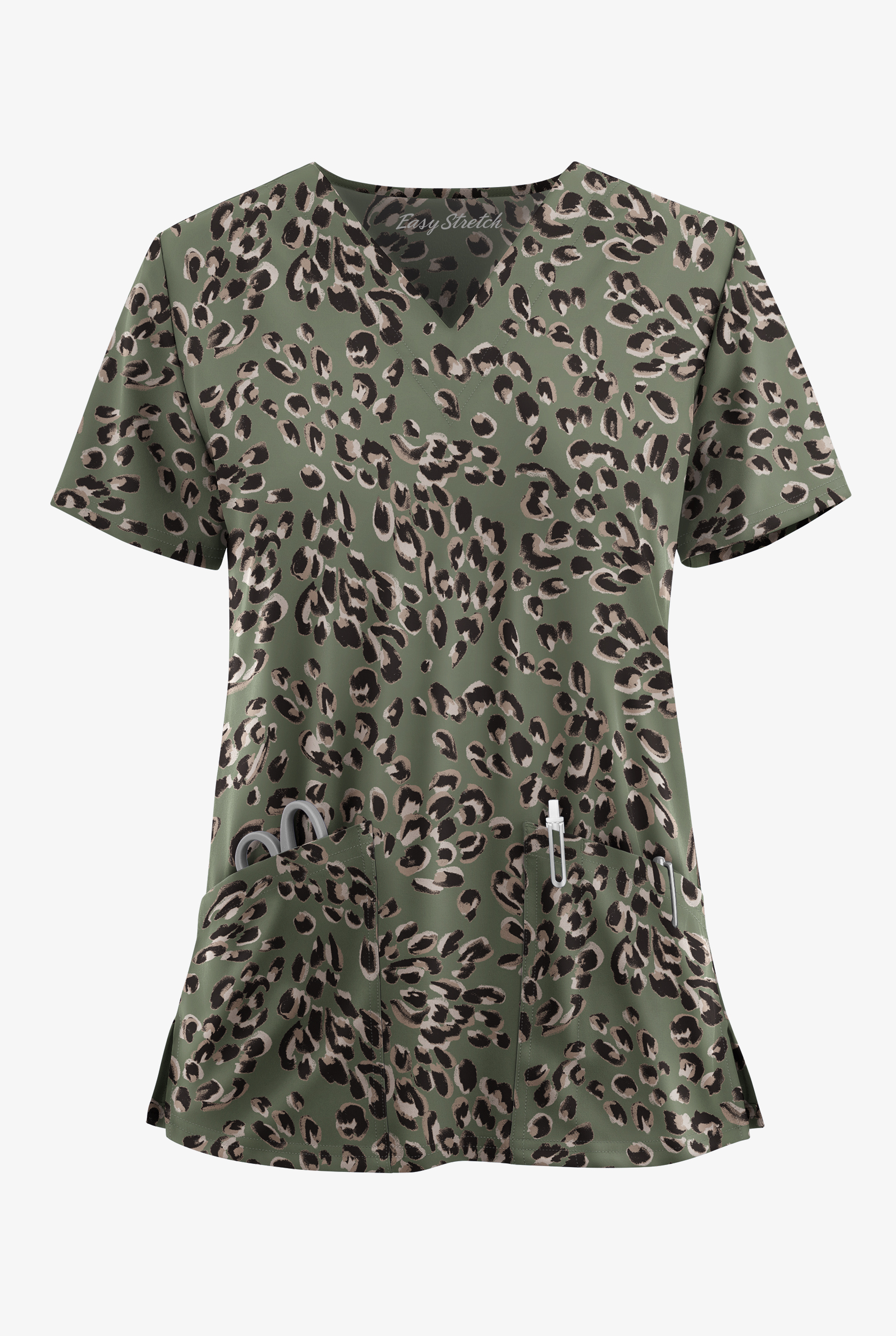 Blusa médica estampada Easy STRETCH Modern Cheetah Mocha Meringue con cuello en V y 2 bolsillos para mujer